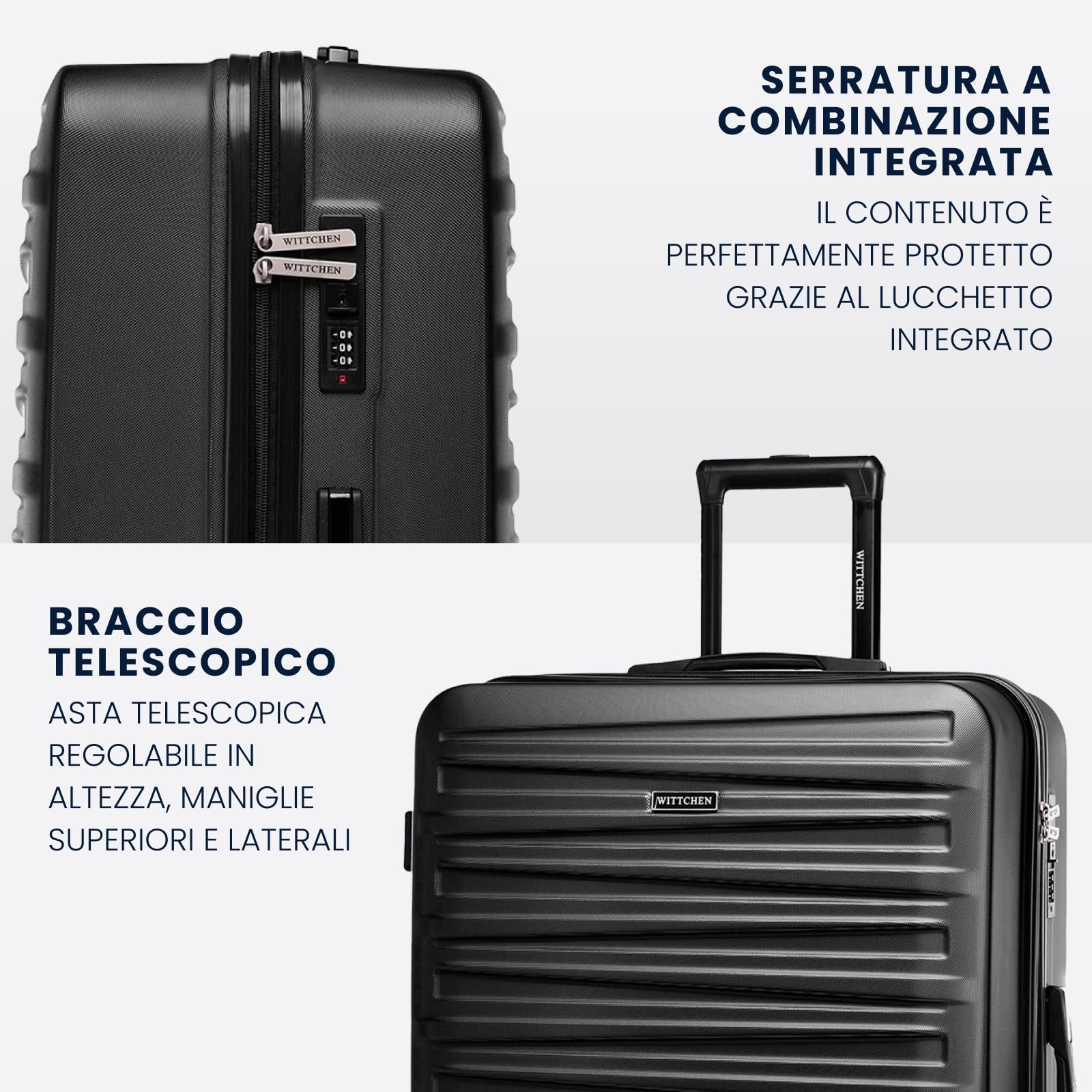 WITTCHEN Skyspeed Line Valigia grande Valigia rigida ABS Valigia grande Rolling Trolley Check-In Valigia da viaggio Serratura a combinazione Manico telescopico 4 Ruote Nero Ryanair/ITA Airways