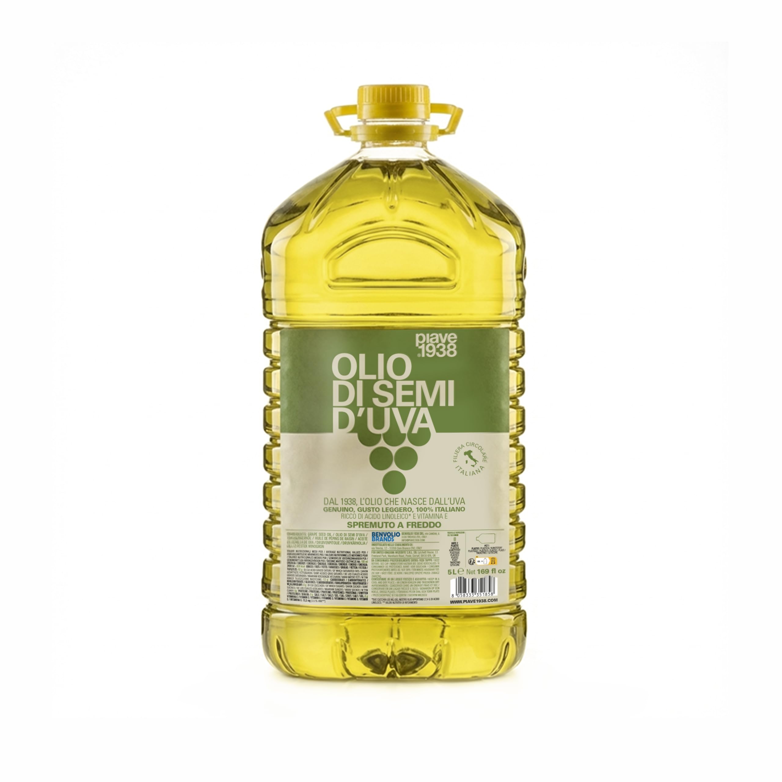 PIAVE 1938 Aceite de Semilla de Uva 5L, 100% Italiano, Alto Punto de Humo para Freír y Cocinar, Aceite Base de Masaje Neutro y Natural, Rico en Vitamina E, Garrafa Formato Profesional Hostelería
