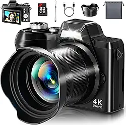 Câmera digital 4K para fotografia – Câmera vlogging de 56 MP com foco automático para YouTube/criadores de conteúdo/viagens, câmera de vídeo zoom 16X com tela flip de 7.6 cm 180° e para-sol para