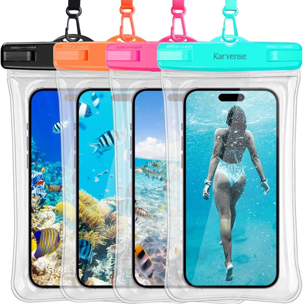 Waterproof Phone Pouch/Case Floating, Water Proof Phone Pouch for iPhone & Samsung Galaxy, IPX8 Phone Water Protector Pouch for Travel, Vacation, Beach, Pool, Cruise Essentials- 4 Pack