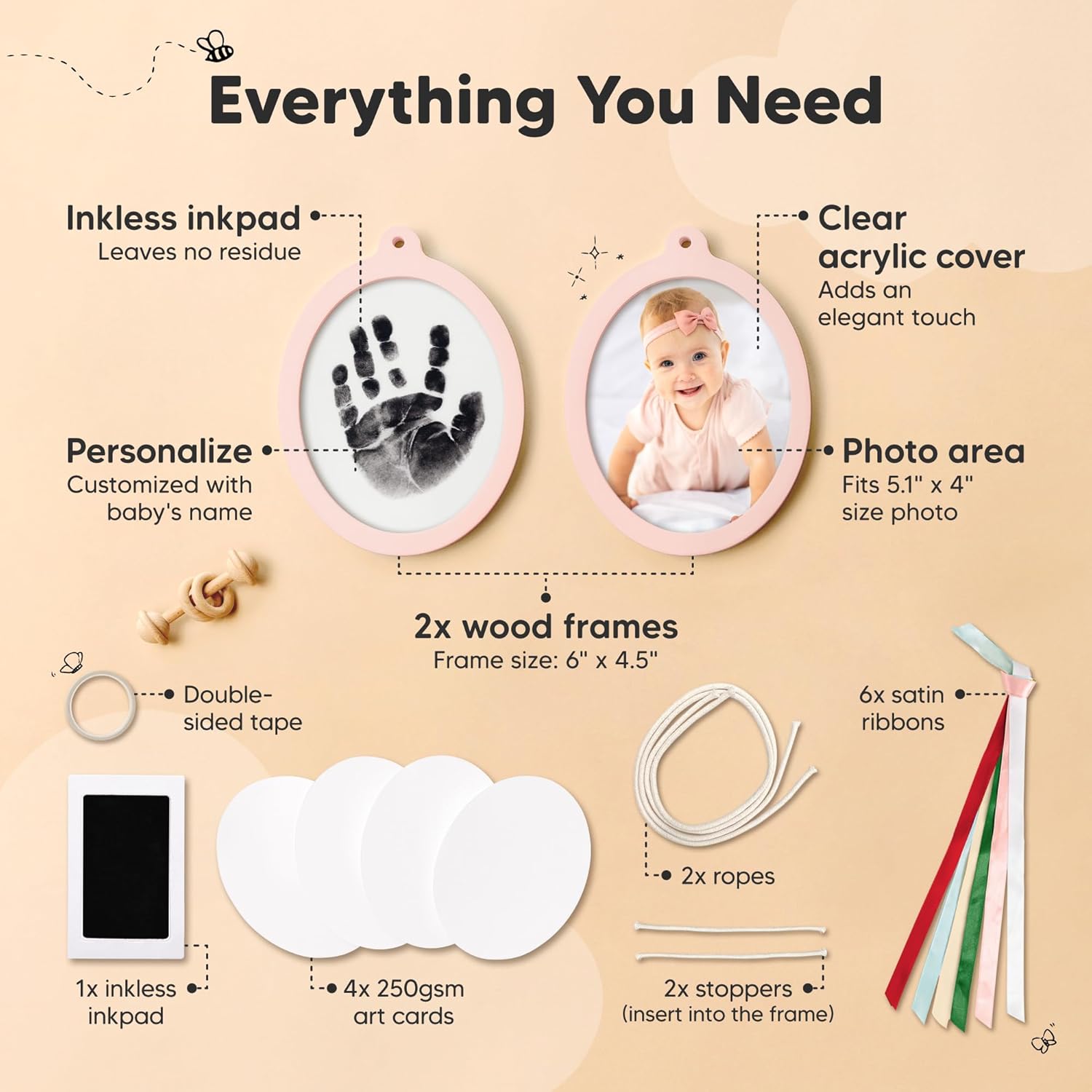 KeaBabies Inkless Baby Hand and Footprint Ornament Kit and Baby Hand and Footprint Kit - Two-sides Baby Footprint Kit, Personalized Baby Gifts Photo Frame - Baby Footprint Kit, Baby Keepsake