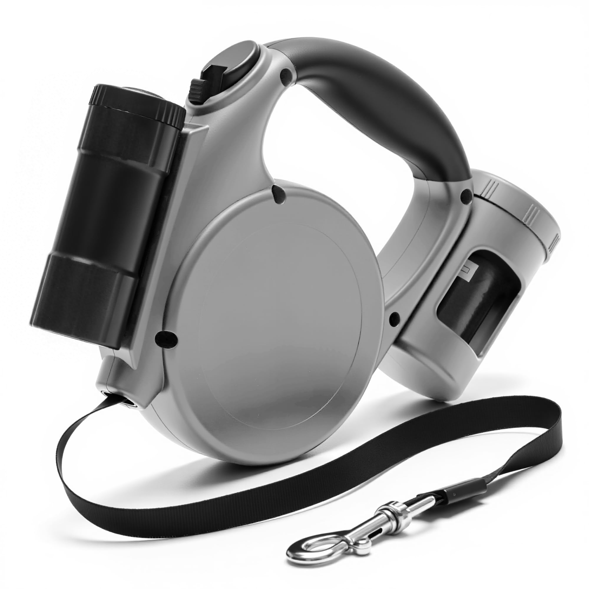 Laisse rétractable pour grand chien avec lampe de poche amovible et distributeur de sacs à déjections canines