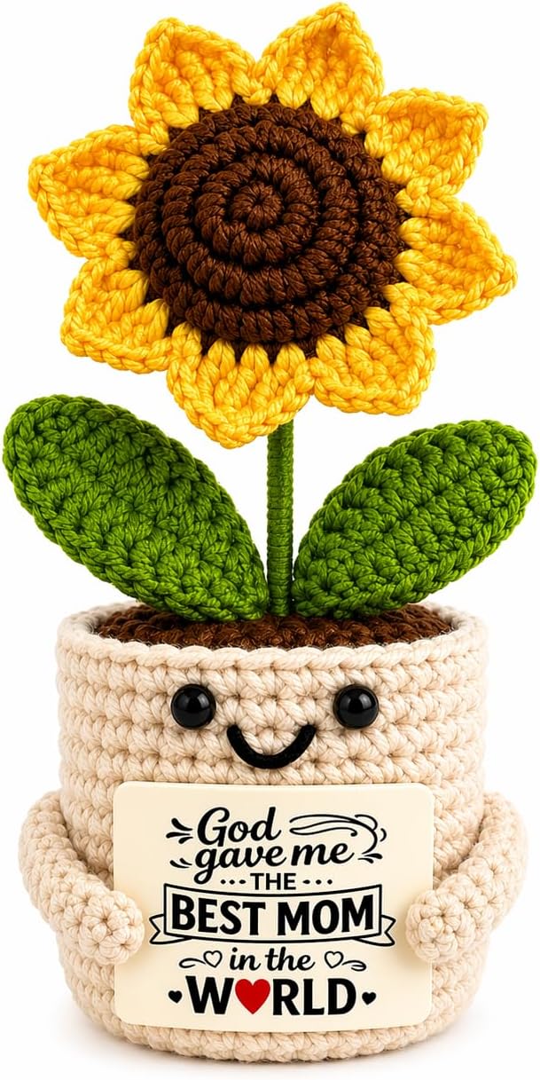 Velyra Crochet Sunflower Mom Gift, Mother’s Day Present from Daughter Son, Cute Handmade Best Mom Keepsake, Small Desk Decor, Unique Birthday Idea