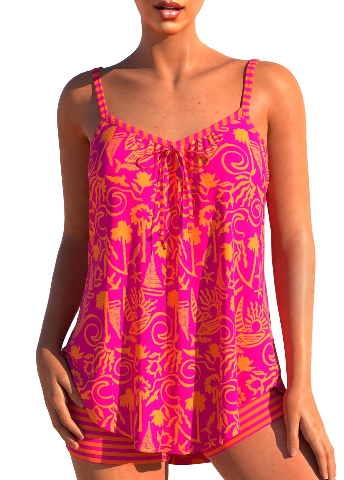 modlily Two Piece Flowy Tankini Swimsuits for Women, Graffiti Print Curved Hem Tank Top with Boyshorts-picture-21