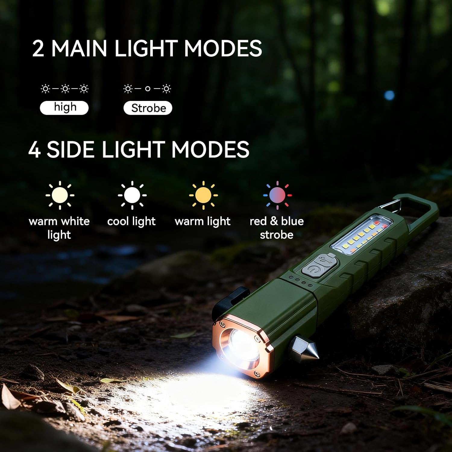 Emergency Car Flashlight with 6 Lighting Modes, Flashlights Emergency Kit Escape Hammer with Seatbelt Cutter & Window Breaker, Zoomable Design,Type-C Rechargeable for Roadside Safety,Camping,Home