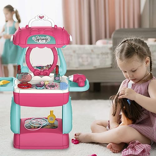 Miniatura 8 de Shape28 Juego de bolsa de belleza, juego de maquillaje de simulación, 44 piezas, juguete de maquillaje para niños, tocador de princesa, tocador para