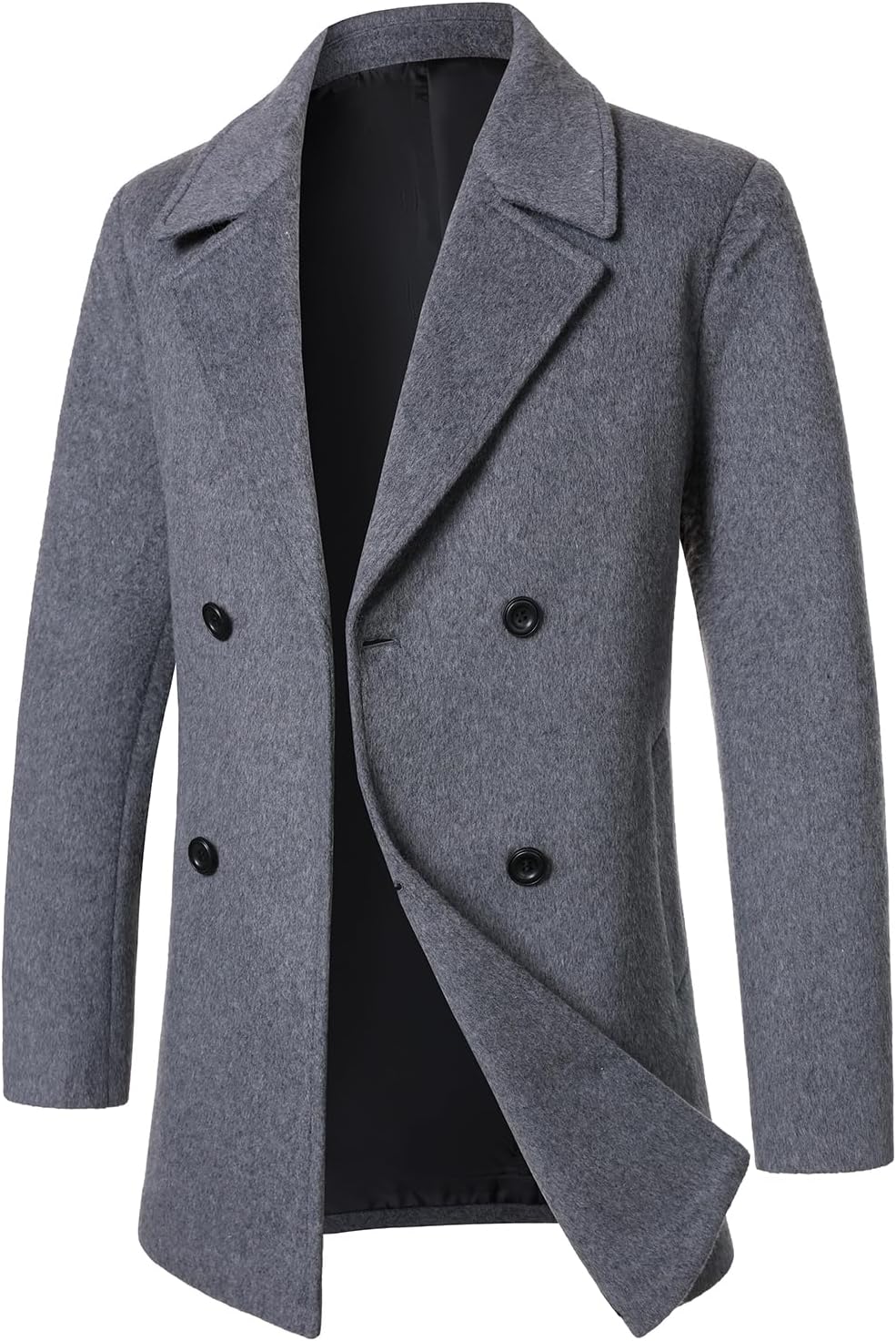 HOOD CREW Men's Classic Double Breasted Wool Blend Pea Coat Notched Collar Winter Business Overcoat Trench Coats - Image 3