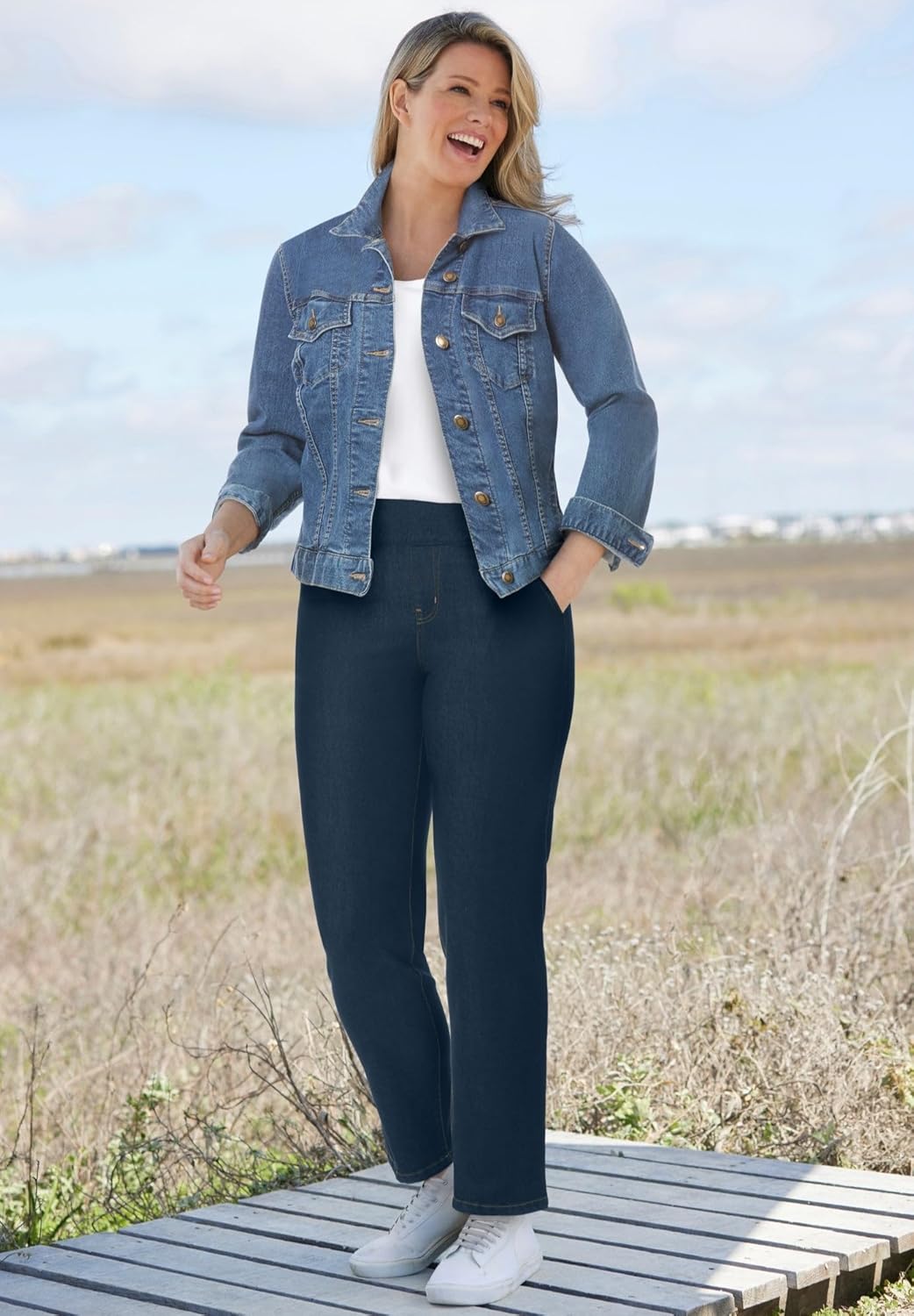 Woman Within Plus Size Flex Pull-On Straight-Leg Gap-Free Stretch Denim Jeans