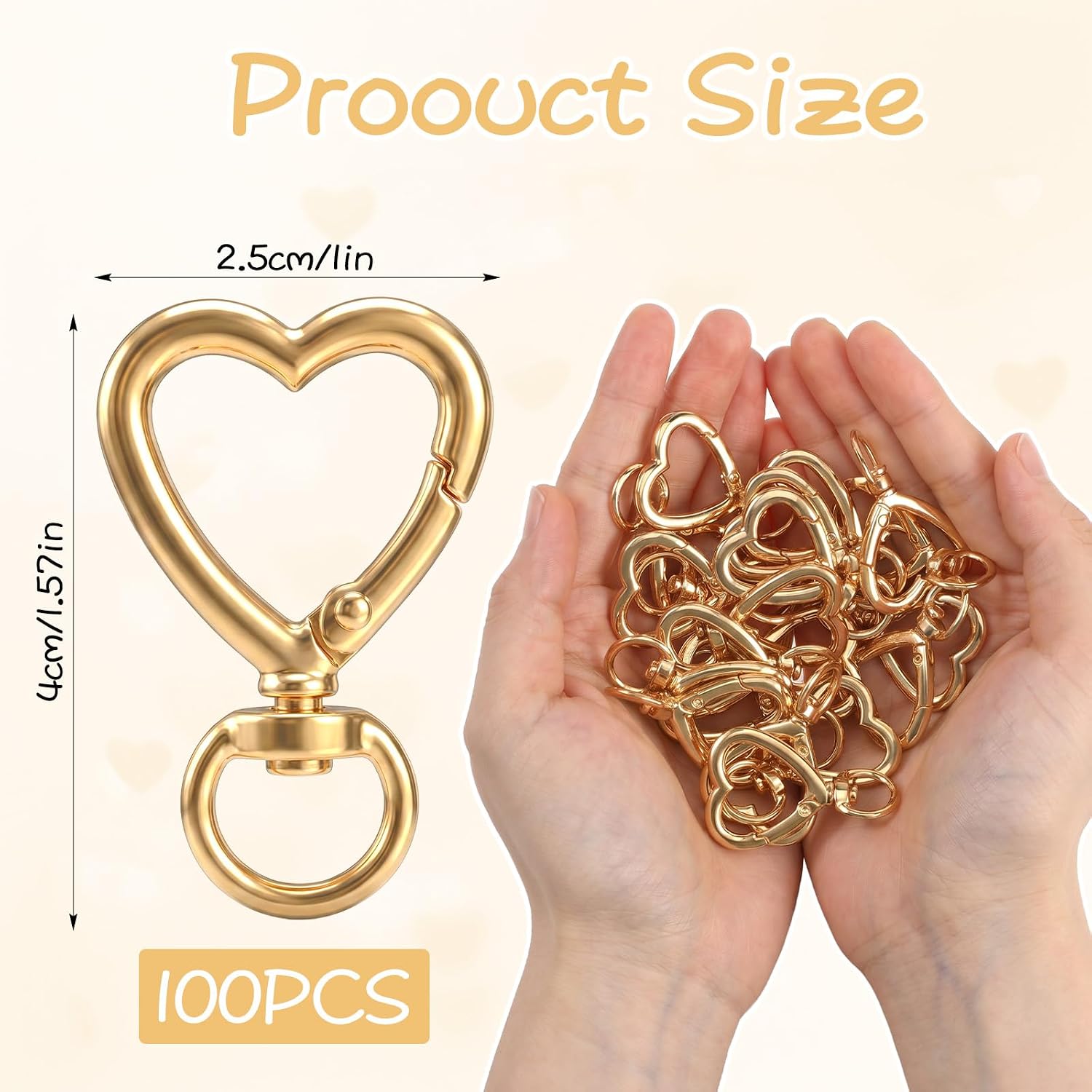 100 Pcs Heart Keychains Clip Gold Metal Heart Keychain Clips Bulk with Swivel Spring Snap Hooks, Zinc Alloy Hearts Lobster Claw Clasps for DIY Crafts, Bag, Pet Collar, Lanyard Making