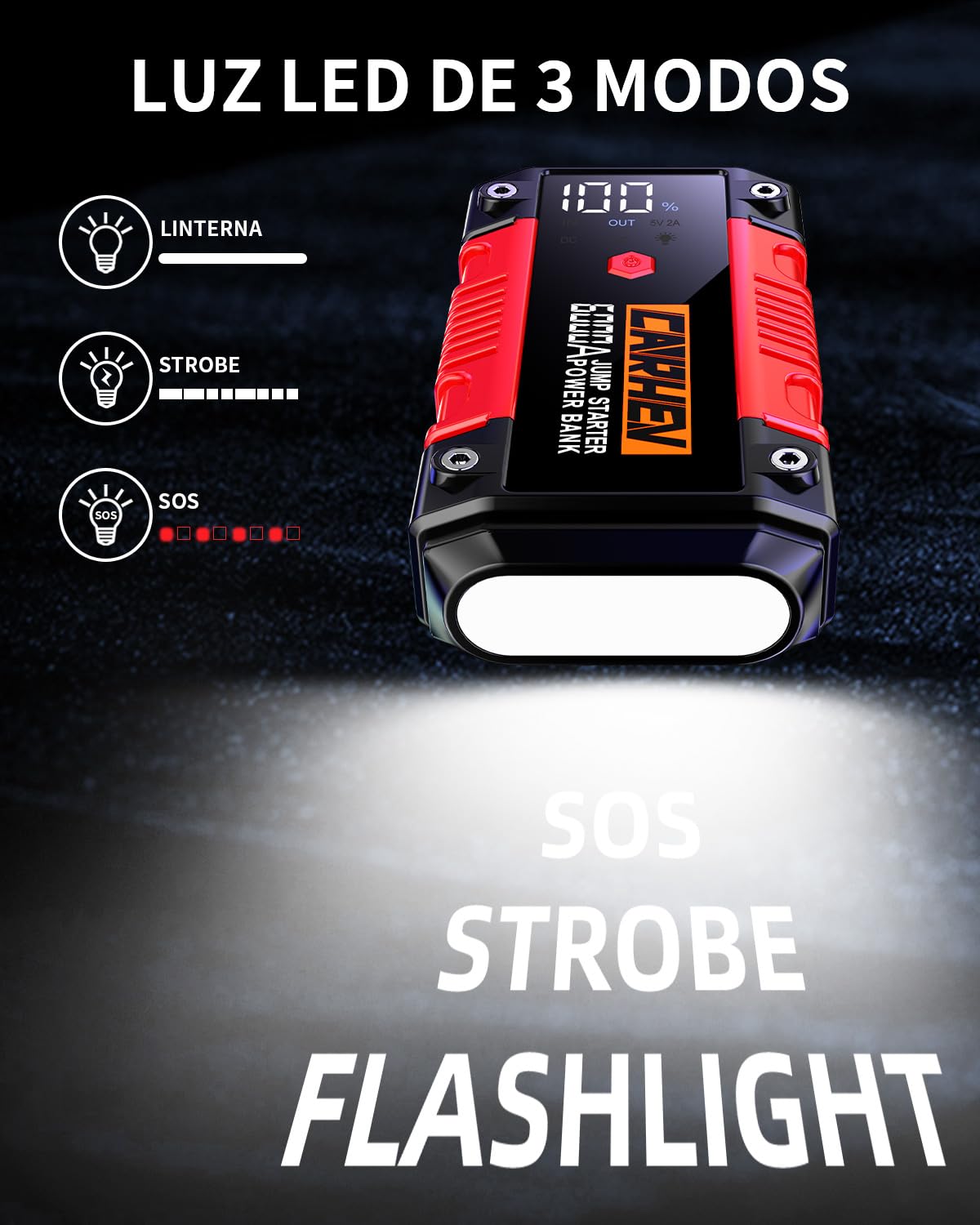 CARHEV Arrancador de Coches 6000A, 26800mAh Arrancador de Baterias de Coches (para 10.0L de Gasolina o 10.0L de Diésel) 12V Portable Jump Starter con Linterna LED, Clips de Seguridad Inteligentes