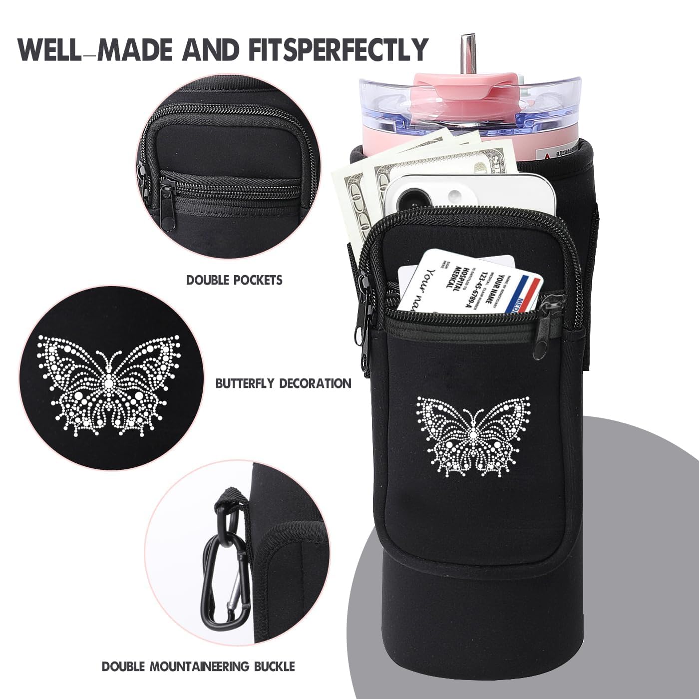 Butterfly Water Bottle Carrier For Stanley Cup 40 Oz - Adjustable Strap With Phone Pocket, Apricot Color