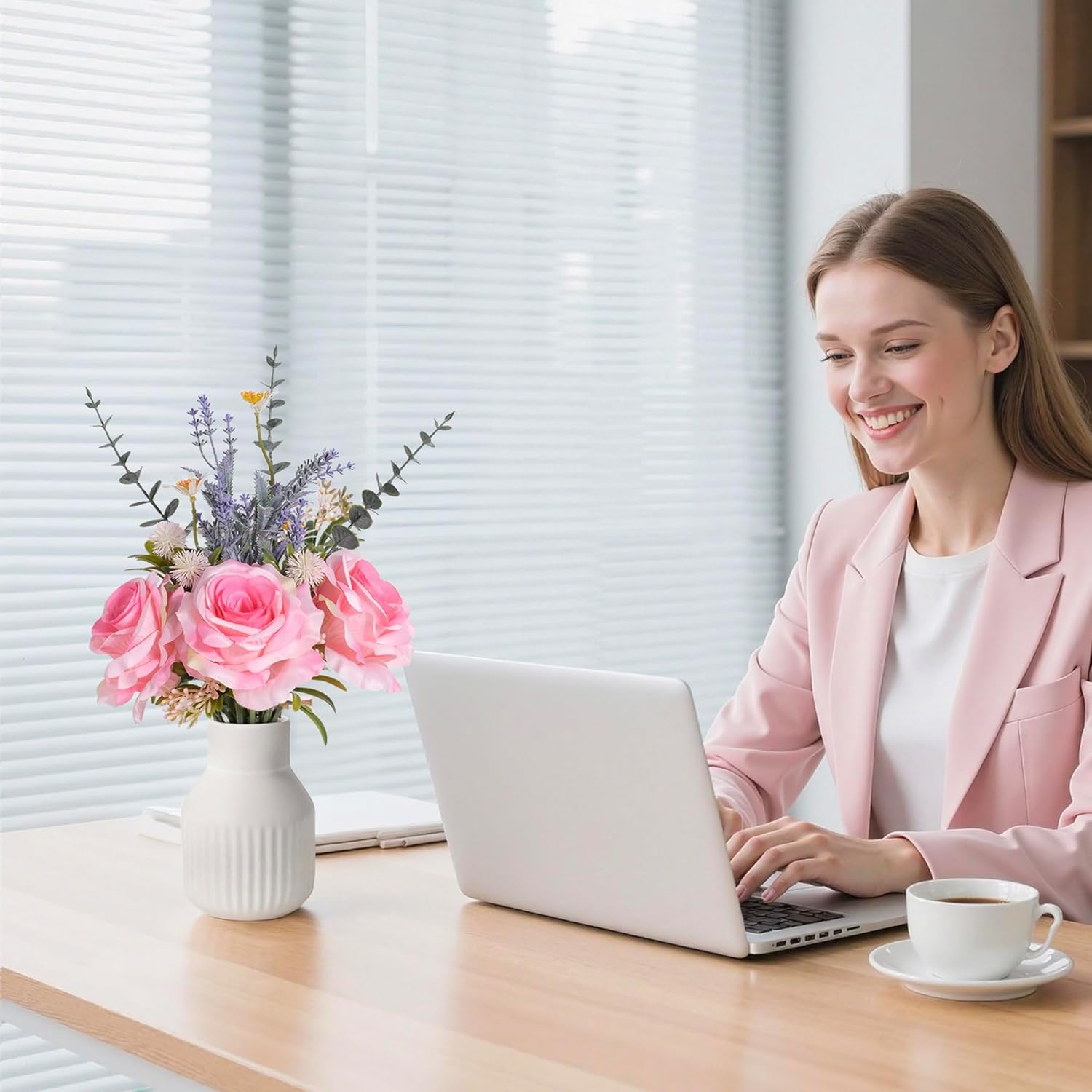 Artificial Flowers in Vase, Silk Roses Flowers Artificial Eucalyptus Lavenders Small Daisies and Fake Plants in White Ceramic Vase, Faux Flowers for Coffee Table Décor, Spring Decorations for Home - Image 6