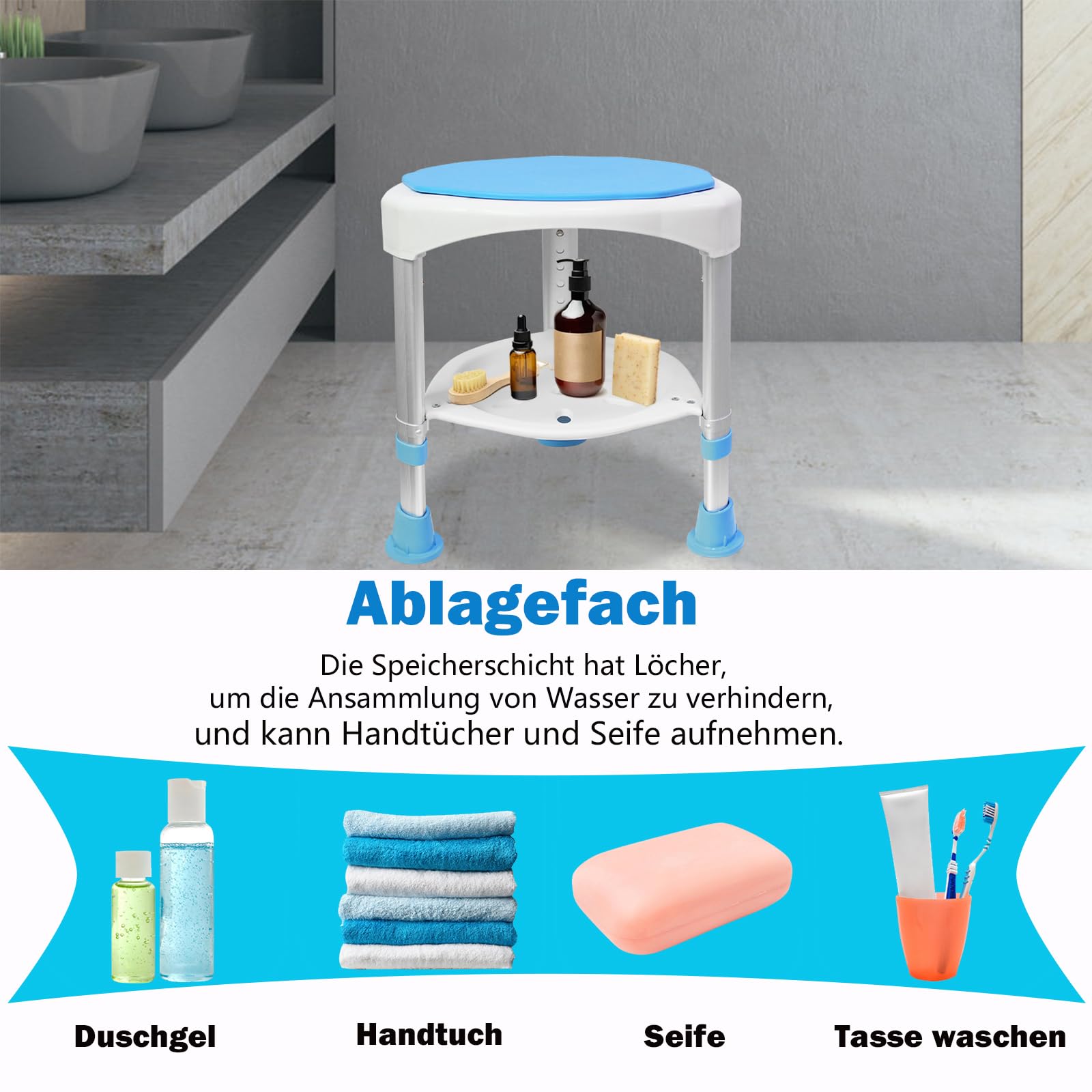 Aufun Silla de ducha giratoria 360°, taburete de baño y altura regulable de 45 a 57 cm, de aluminio y plástico, asiento de ducha con almohadilla antideslizante para los pies, para ancianos, niños y