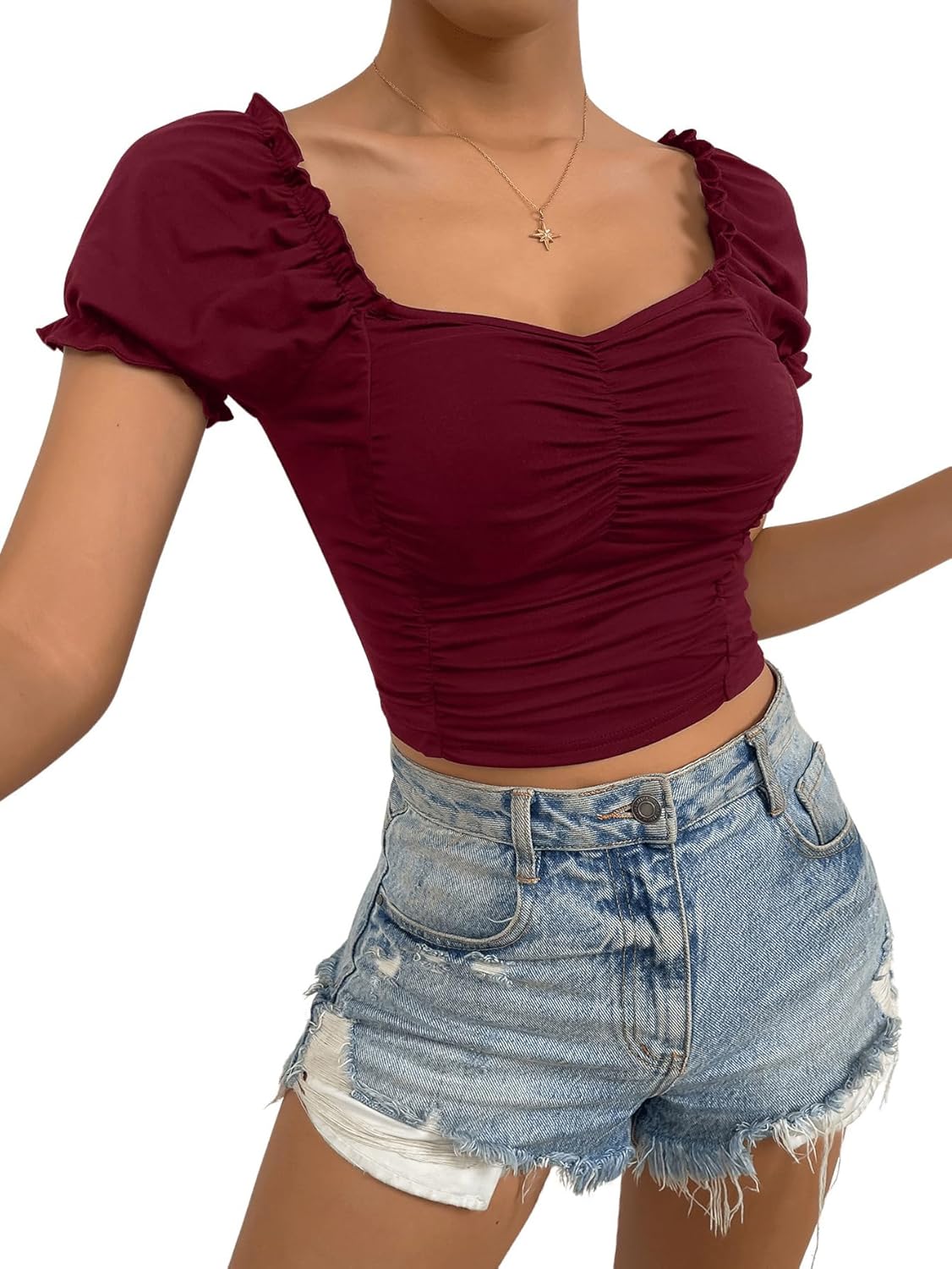 SweatyRocks Women's Ruched Short Puff Sleeve Tops Sweetheart Neck Frill Trim Elegant Shirts Crop Tops - Image 3