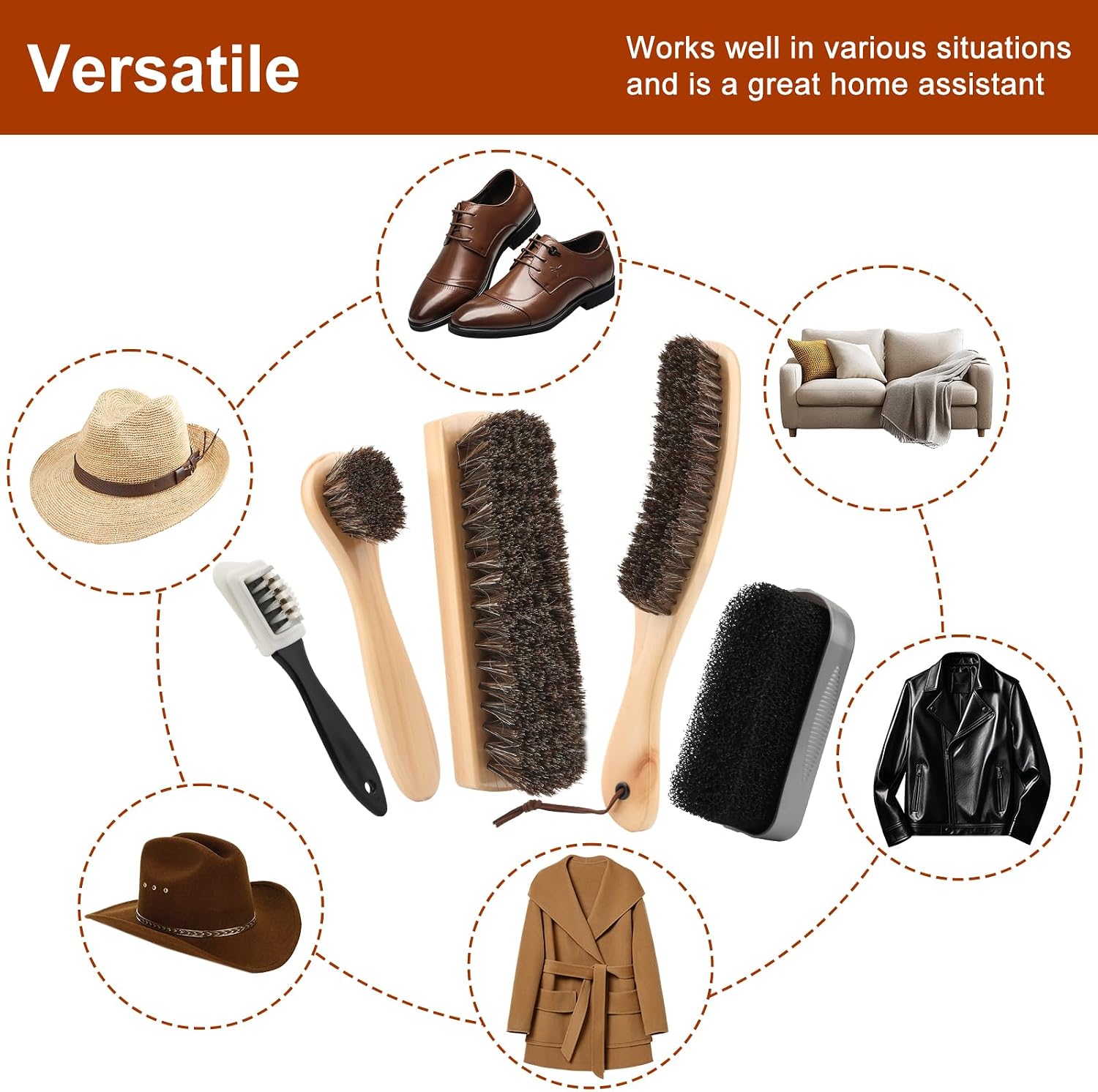 5pcs Horsehair Shoe Brush Premium Shoe Polish Brush, Horsehair Felt Hat Brush Kit with Cleaning Sponge，Boot Brush Multipurpose Horse Hair Brush for Leather Suede Shoes Felt Hat Furniture image 5