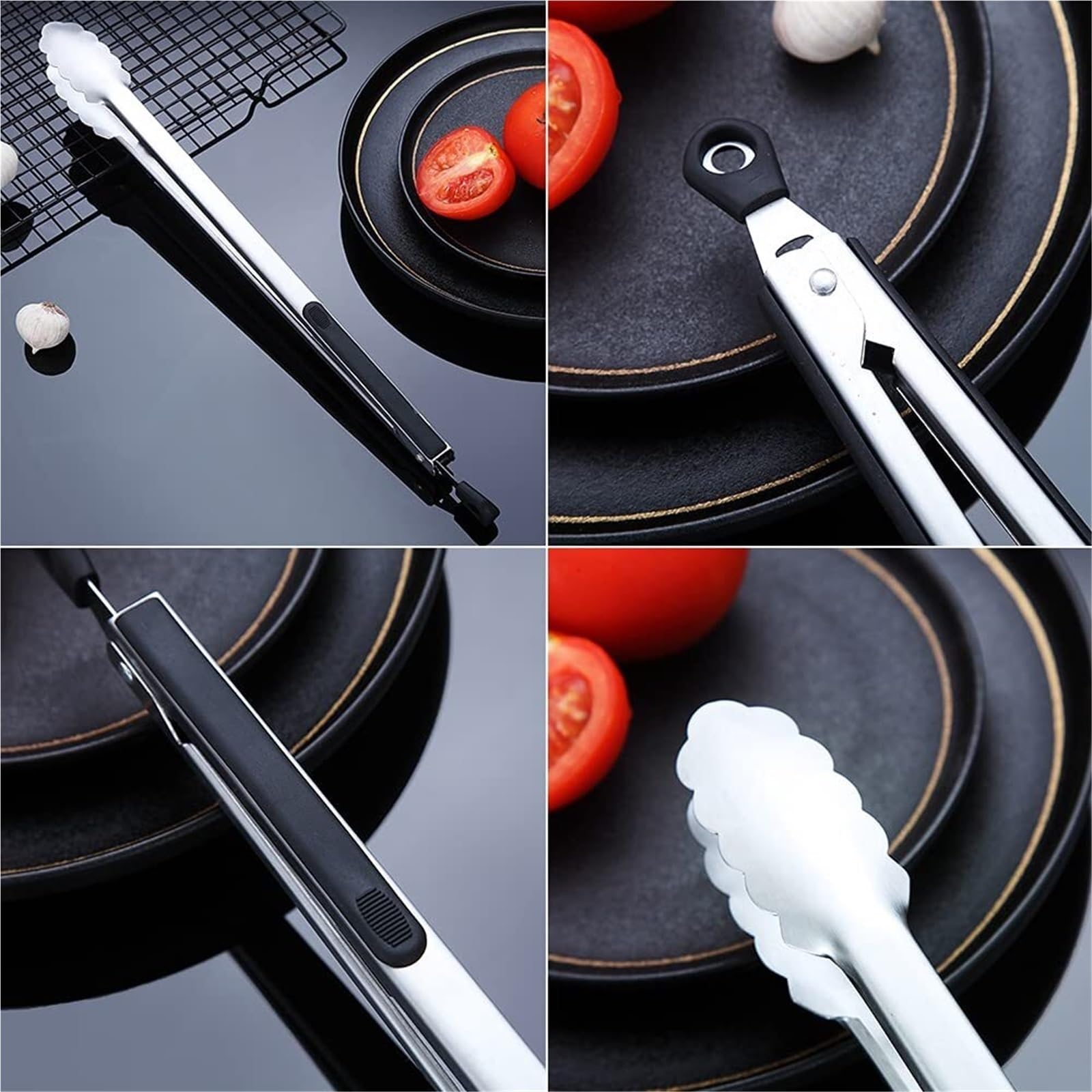 Küchenzange, Edelstahl-Grillzange for Kochen von Steaks, Rot und Schwarz, 20–44 cm(Black,42cm)