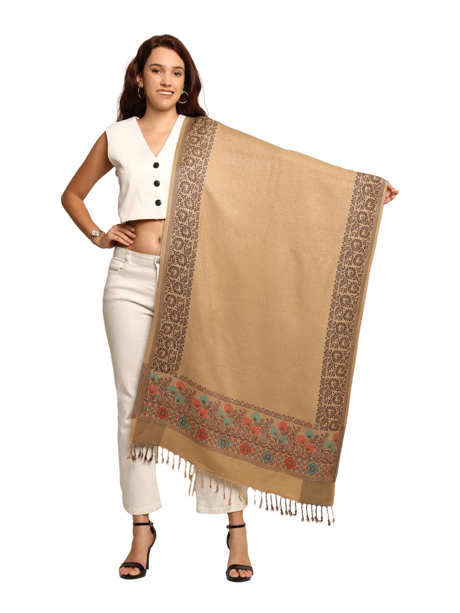 KnitkalaWoollen Kashmiri Stole and Shawl for Winter, Warm and Stylish, Solid Colours, Floral Border Palla,Size(80 * 30) inch