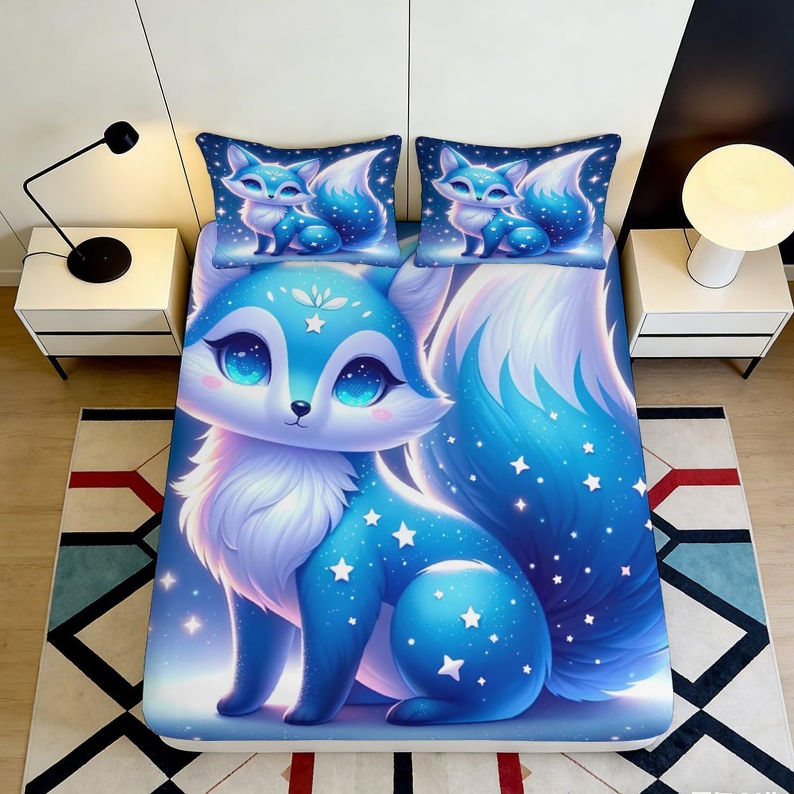 3D Printed Blue Fox Fitted Sheet Microfiber Soft Breathable Starry Sky Bed Cover for Bedroom Dormitory Guest Room Mattress Protection Decor 160x200x25cm