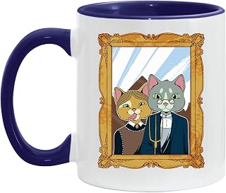 American Gothic Cat Gift for Cat Lovers Parody of Painting with Two Cats 11oz 15oz Inner Color Accent Mug