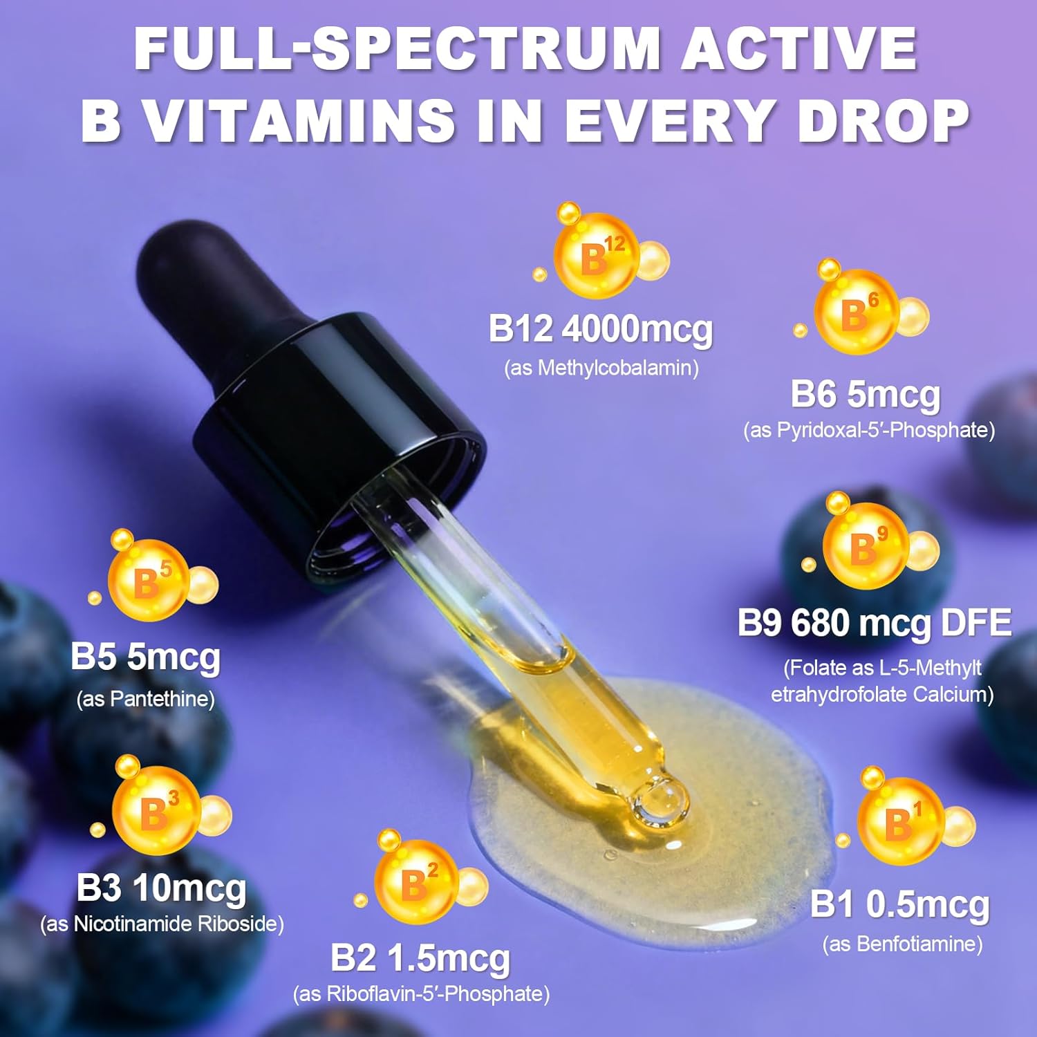 Liquid B Complex with 4000mcg Methylcobalamin B12 – Ultra Absorbable Vitamin B Complex for Energy – Active B1 B2 B3 B5 B6 B12 + Folate – Vegan Friendly (2FL OZ) 2 Bottles