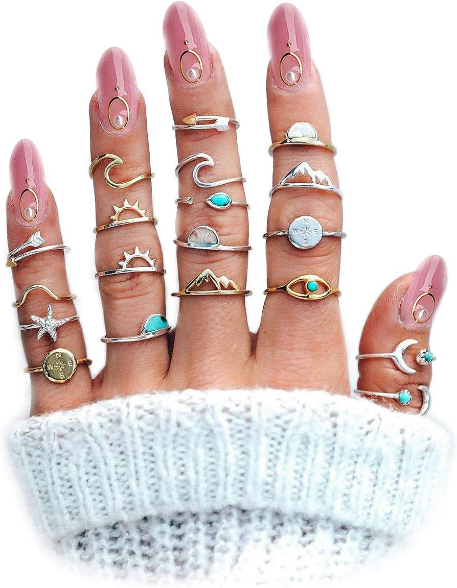 Boho Retro Stackable Rings Sets For Teen Girls Women,Peak Sea Wave Compass Turquoise Rhinestone Knuckle Joint Finger Kunckle Nail Ring Sets,Metal,Alloy, Metal, turquoise alloy