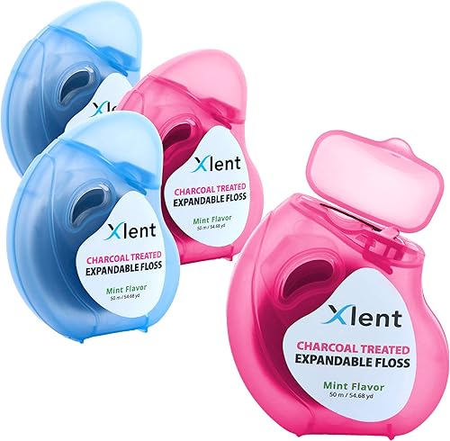 Hilo dental expandible tratado con carbón activado con xilitol y cera natural a base de plantas  Sabor a menta fresca  164.0 ft (4 unidades)