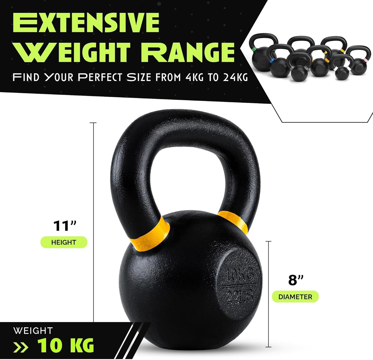 Rage Fitness Single Cast Iron Kettlebell | Powder Coated - Wide Handle Weights for Core & Glute Workouts; Swings, Squats, Deadlifts; Strength, Endurance & Flexibility for Men & Women