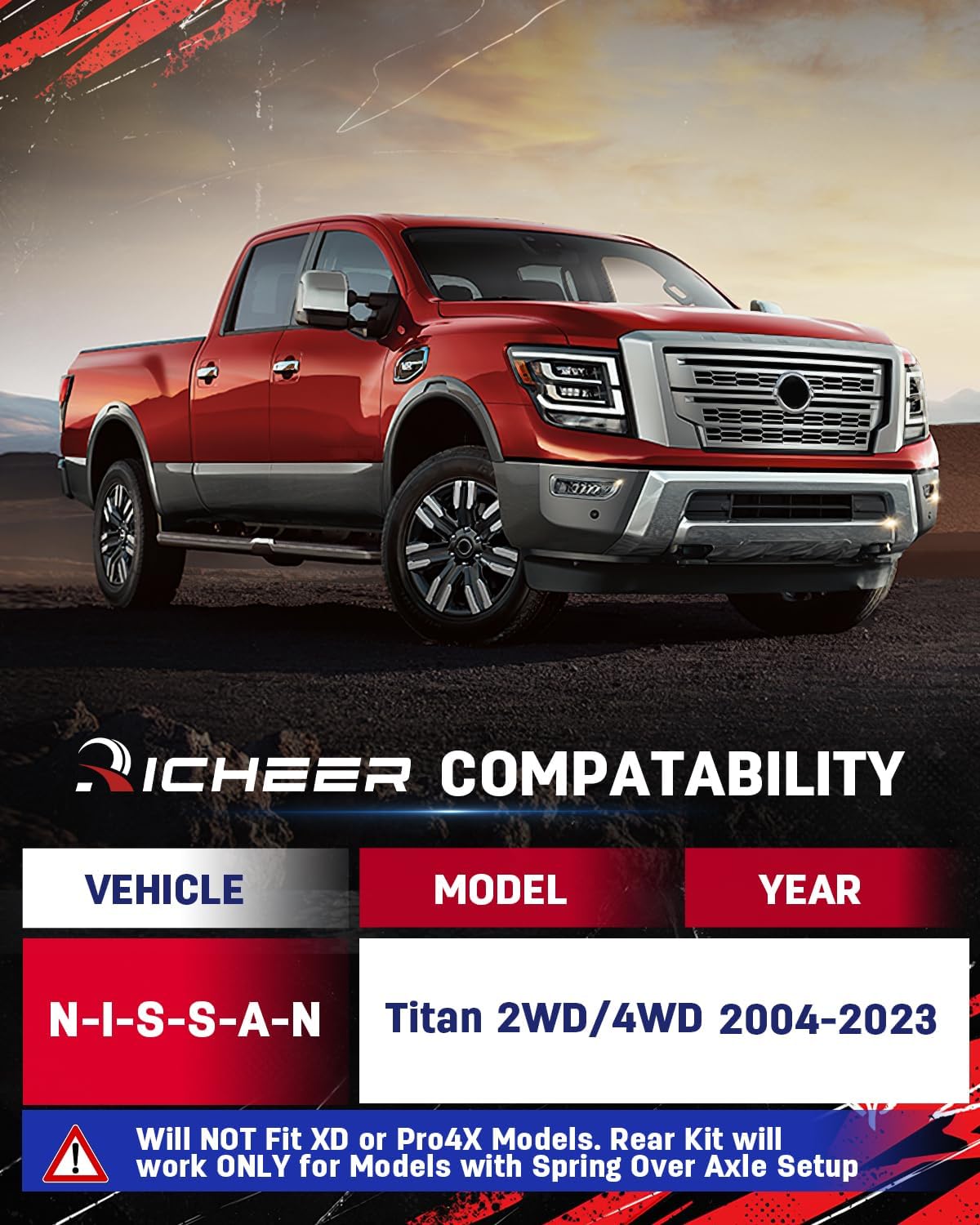 Richeer 3"F + 2"R Leveling Lift Kit for 2004-2023 Titan 2WD 4WD, 3" Front Strut Spacers and 2" Black Leveling Lift Block Kit Extended Square U-Bolts Compatible with 2004-2023 Titan 2WD/4WD 2X2/4X4
