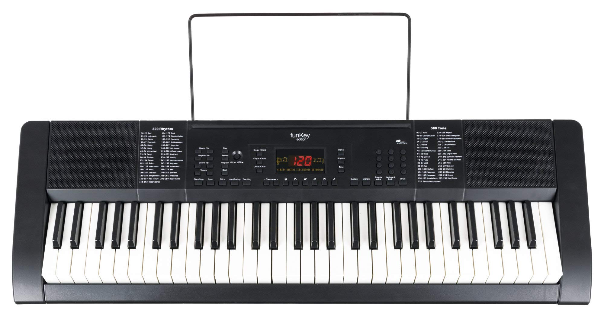 FunKey 61 Edition Nero, 300 suoni, 300 ritmi, 40 brani demo, Metronomo | Sustain, vibrato, double voice, trasposizione, split tastiera, intro/ending, drum, Funzione di registrazione, Uscita cuffie
