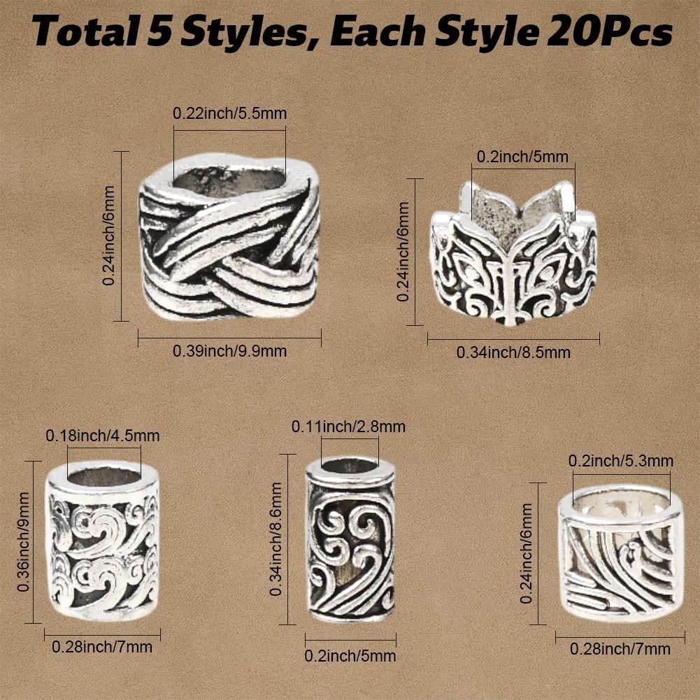 100Pcs Large Hole Column Beads Silver European Beads Tibetan Style Antique Tube Vintage Alloy Small Loose Smooth Spacers for Jewelry Making Bracelets Necklaces Earrings DIY Crafts image 2