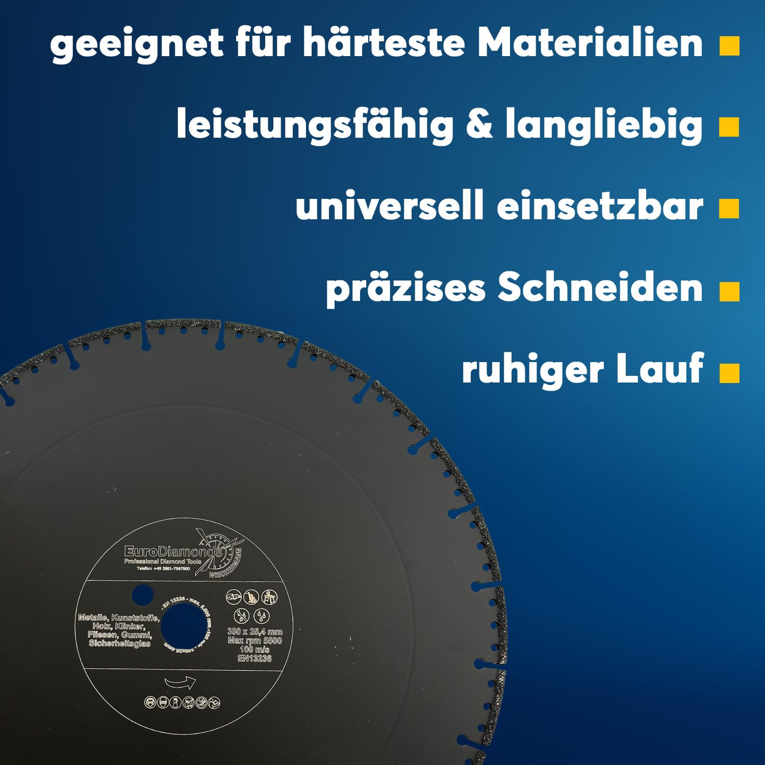EDW Profesjonalna diamentowa tarcza tnąca uniwersalna Ø 350 mm x 25,4 do cięcia tworzywa sztucznego, drewna, metalu, włókna szklanego, węglowego, szkła i betonu myjącego, Resque diamentowa tarcza