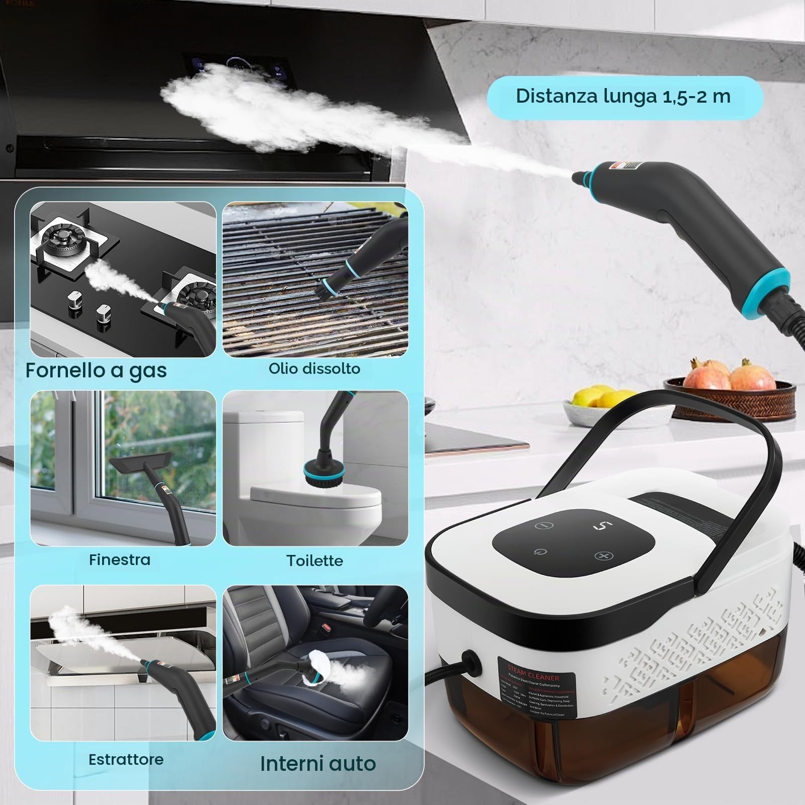 Pulitore a vapore 2500 W, 4,5 bar, alta pressione, riscaldamento 15 secondi, serbatoio 1250 ml, 9 accessori, tubo da 2 m, per la pulizia della casa, potente per cucina, auto, pavimento