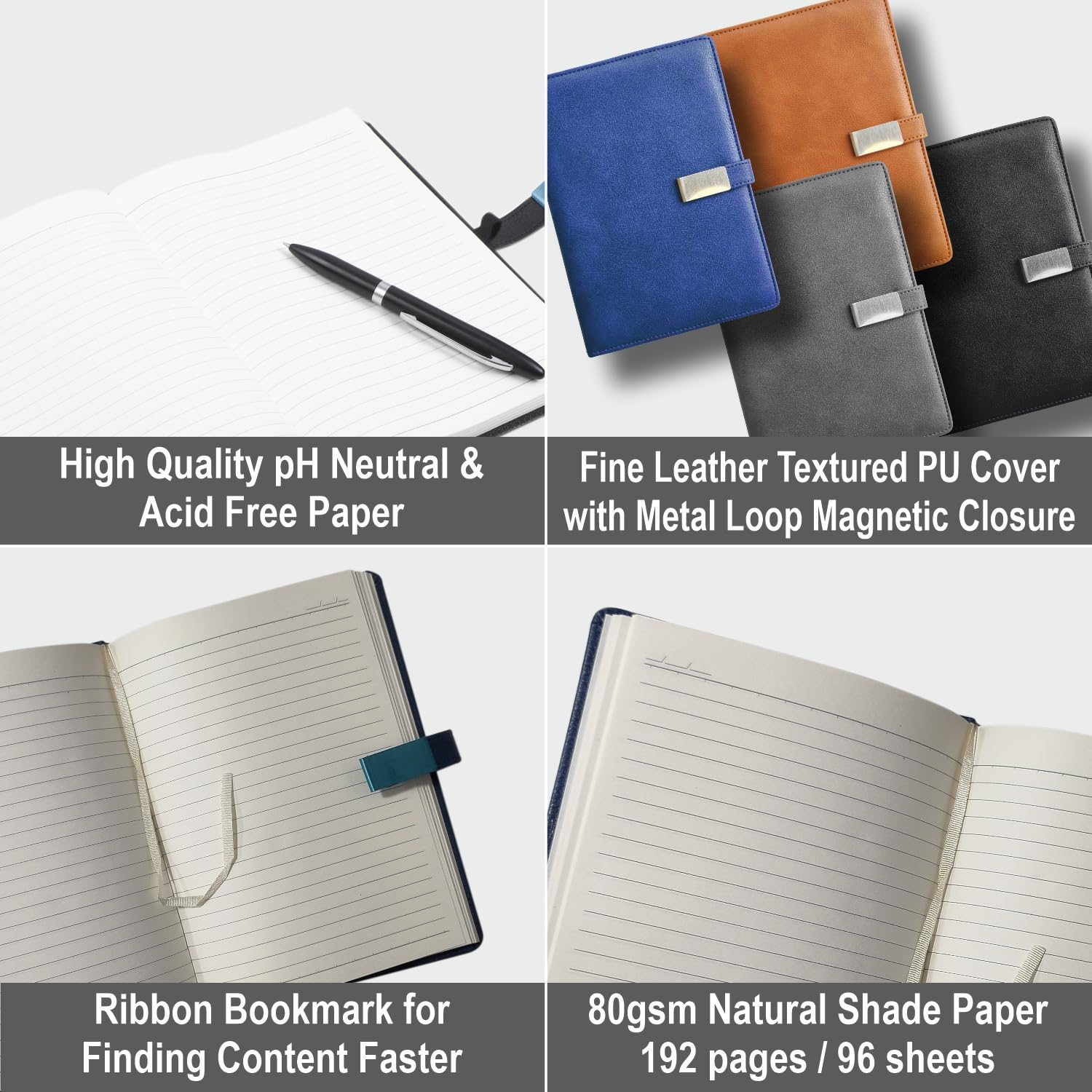 Anupam Diario a righe con charm, 192 pagine, formato A5, copertina rigida, in pelle, con chiusura magnetica in metallo, con passante per penna, 80 g/m², per prendere appunti e scrivere a scuola e in