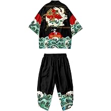 DOSLAVIDA Mens Japanese Kimono Cardigan Suit Chinese Style Printed Jacket Pants Set Open Front Seven Sleeve Top & Shorts