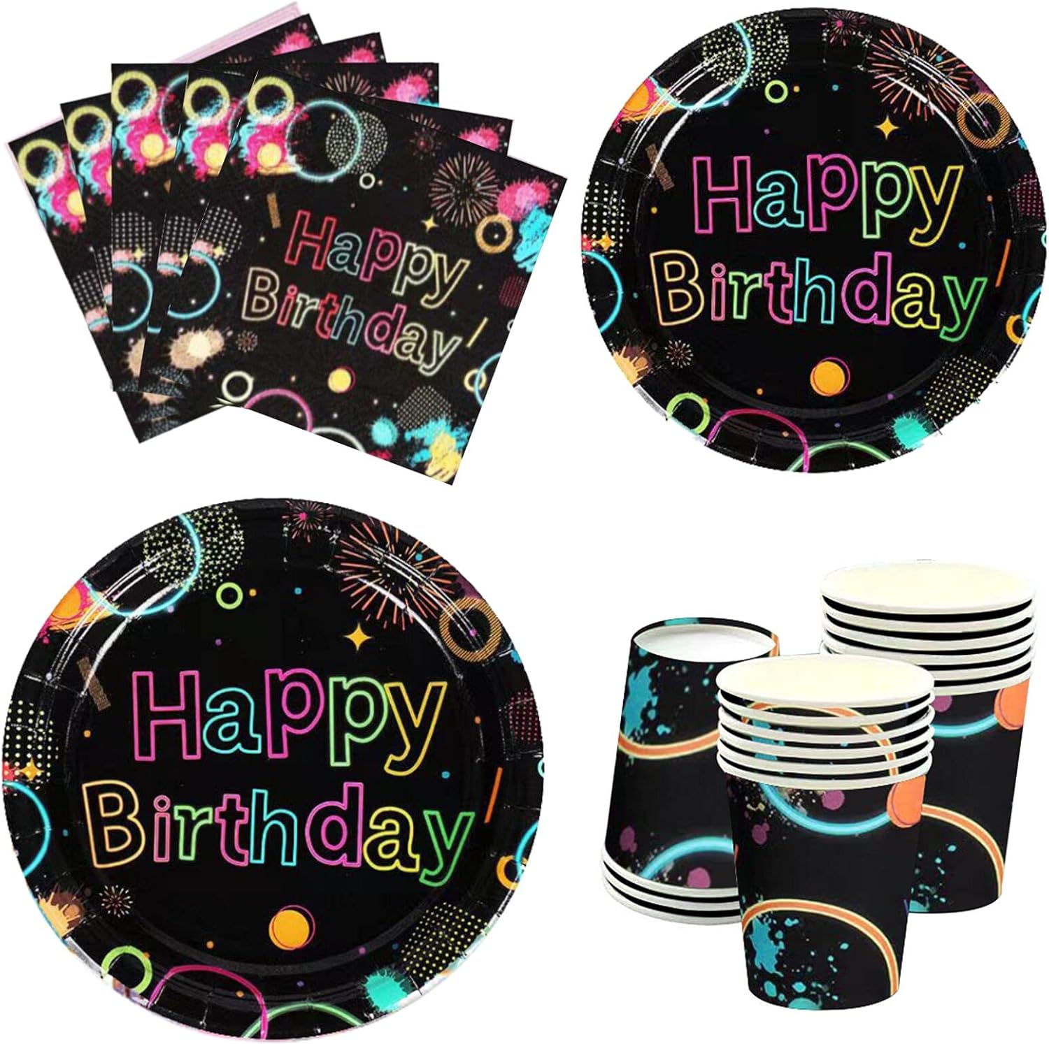 Glow Party Supplies-Complete Pack Glow Party Tableware Including Plates, Cups, Napkins for Glow Birthday, Roller Skating, Ice Skating,Dance Party Serves 16 : Home & Kitchen