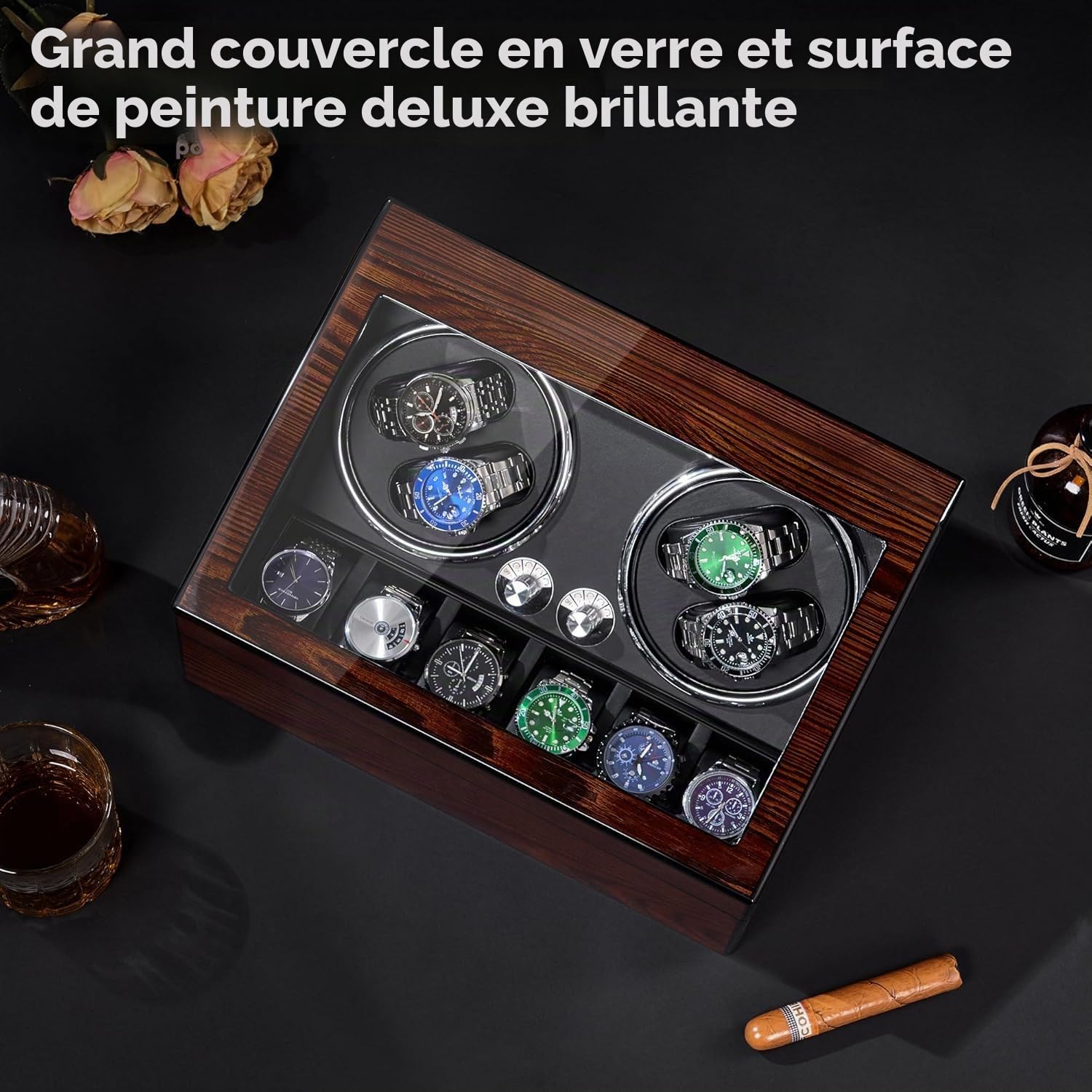 BEWISHOME Remontoir de Montre Automatique, Rotate Remontoir à Montres avec lumière LED, 4 Remontoirs avec Moteur Silencieux et 6 étuis de Rangement pour Montres, Boîte de Remontoir de Montres,ESYQ01Y