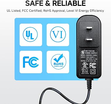 UL Listed DC 9V 1A 0.8A Power Supply Adapter, 9V AC Adapter for Effects Pedals, Casio Piano Keyboards, Label Makers and More, DC Plug 5.5mm x 2.1mm, Center Negative, 10FT Cord