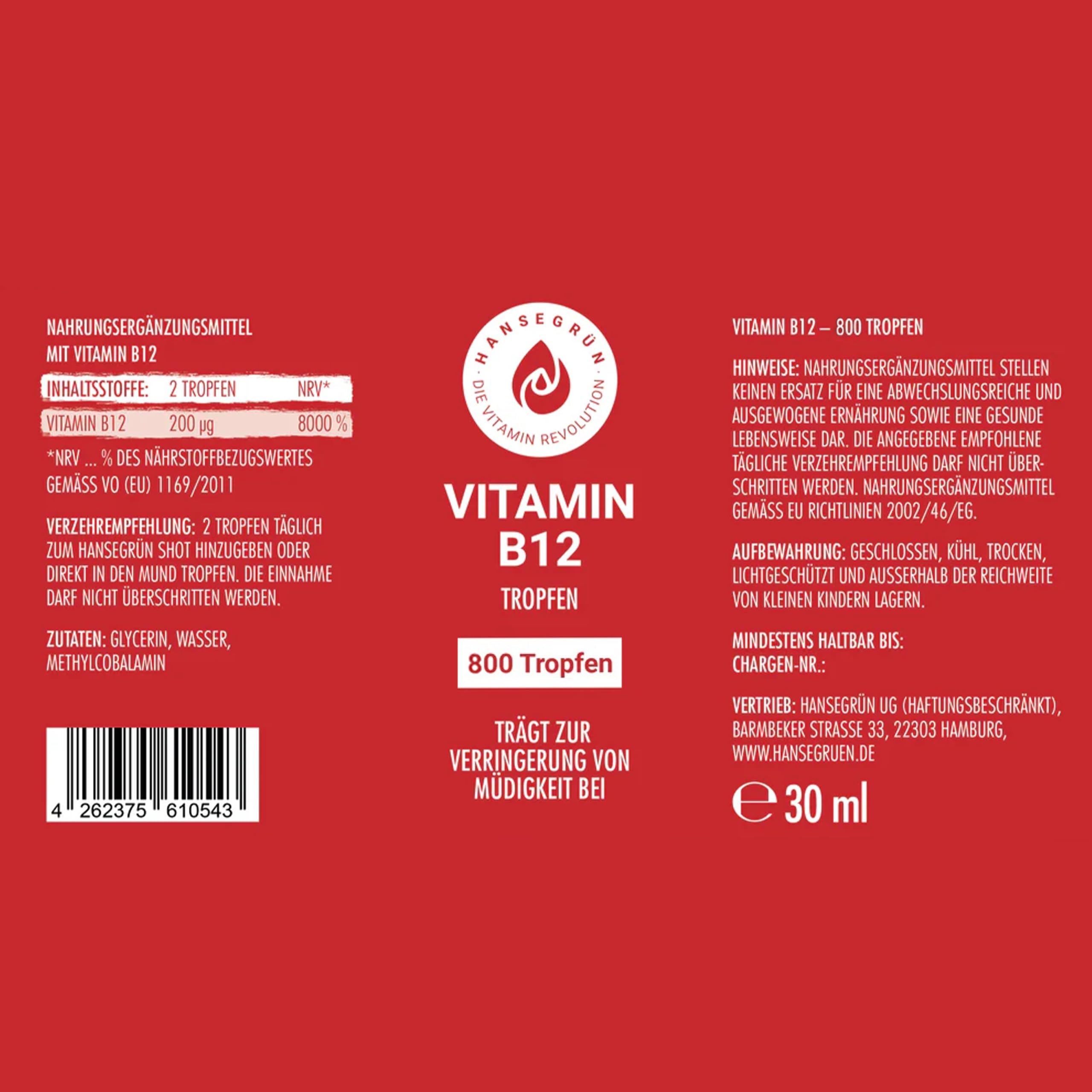 Hansegrün - 2x B12 Vitamintropfen - 30ml - Trägt zur Verringerung von Müdigkeit³ & normalem Energiestoffwechsel² bei - Nur 3 Zutaten - Vegan & ohne Zusatzstoffe - Für 400 Tage