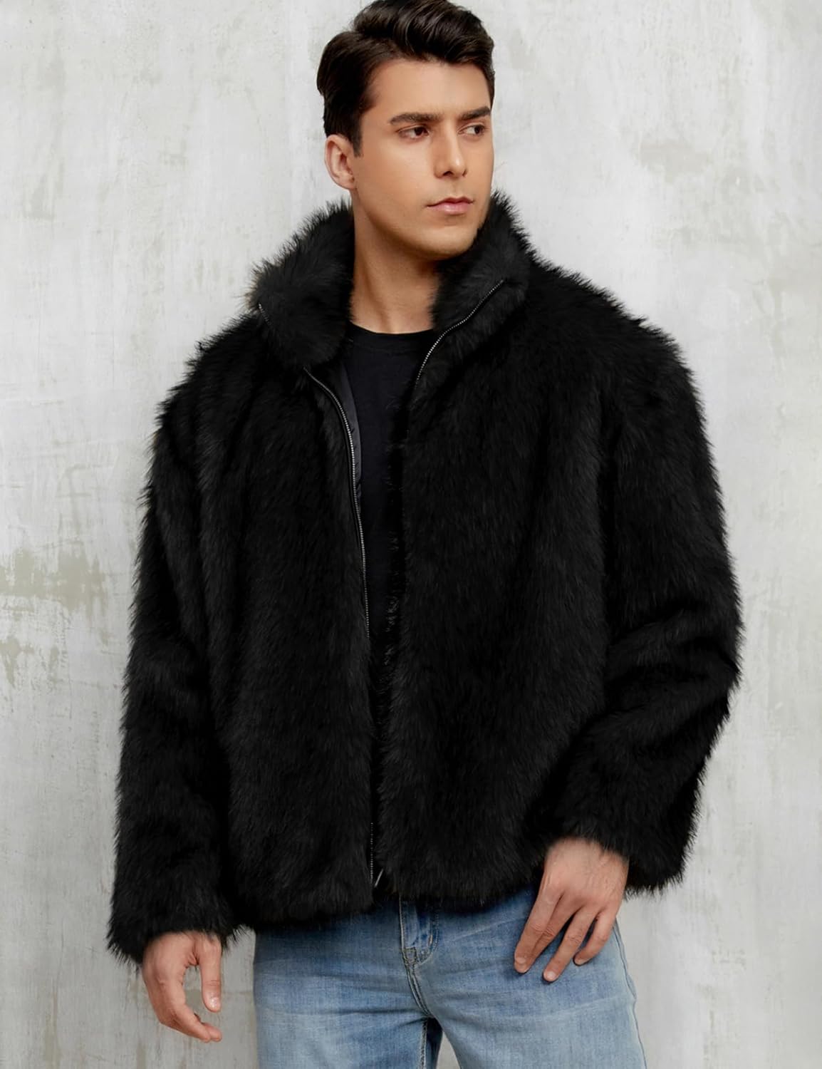 Gihuo Faux Fur Coat Winter Jackets for Men Fur Jacket Warm Fluffy Furry Outcoat Fake Fur Outerwear With Zipper - Image 6