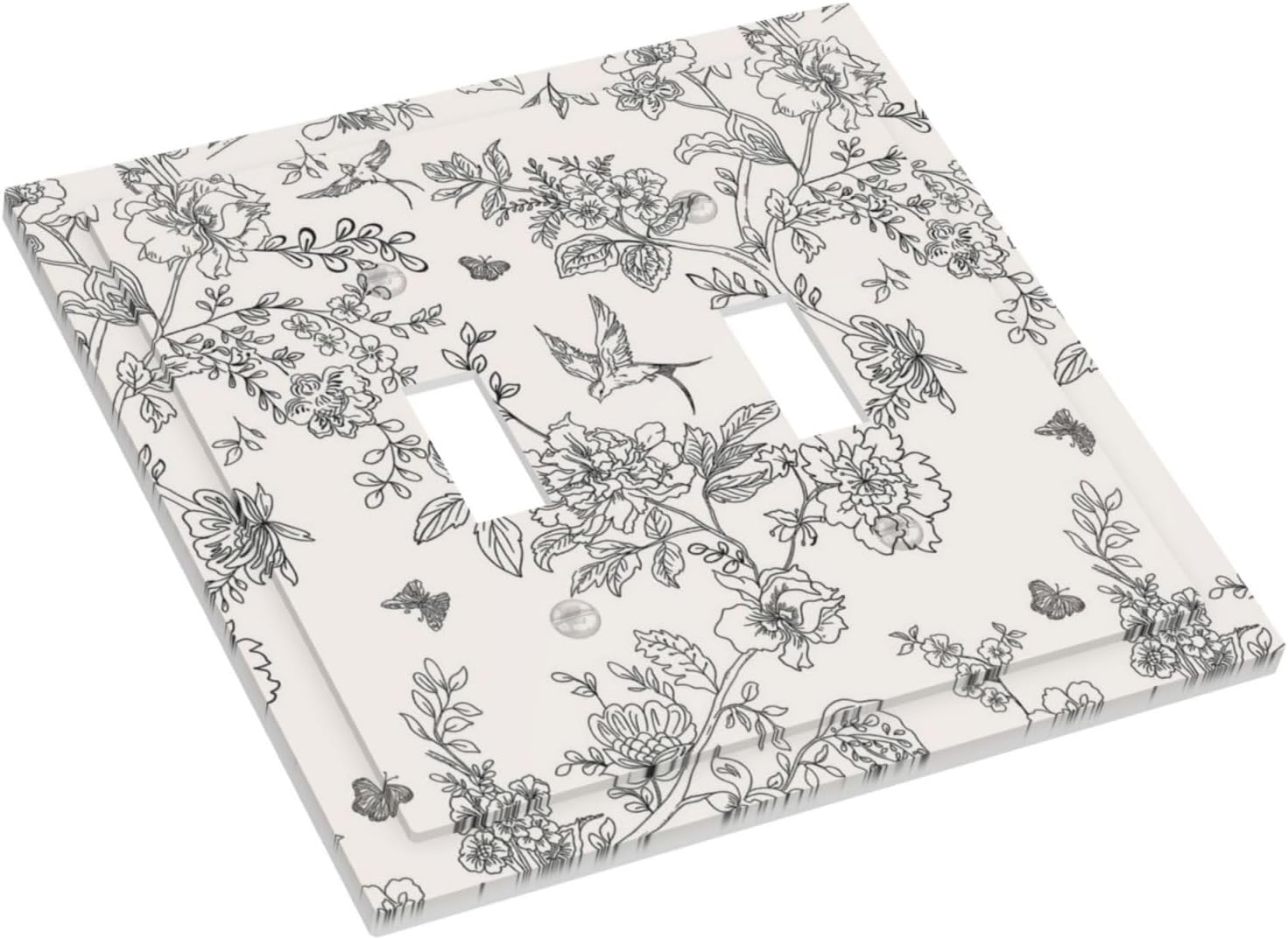 Decorative Light Switch Plate Covers Country Black and White Floral Flowers Birds 2 Gang Wall Plate Double Toggle Switch Cover Plate Electric Dual Device Electrical Faceplate