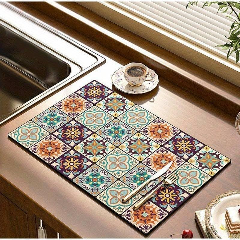 Image of Dish Drying mat for Kitchen Water Absorbent mats for Kitchen Utensils Large Dry mat for Kitchen Utensils Drying mat Water Absorbent mats for Kitchen Large Size 58x38cm (Design 23)