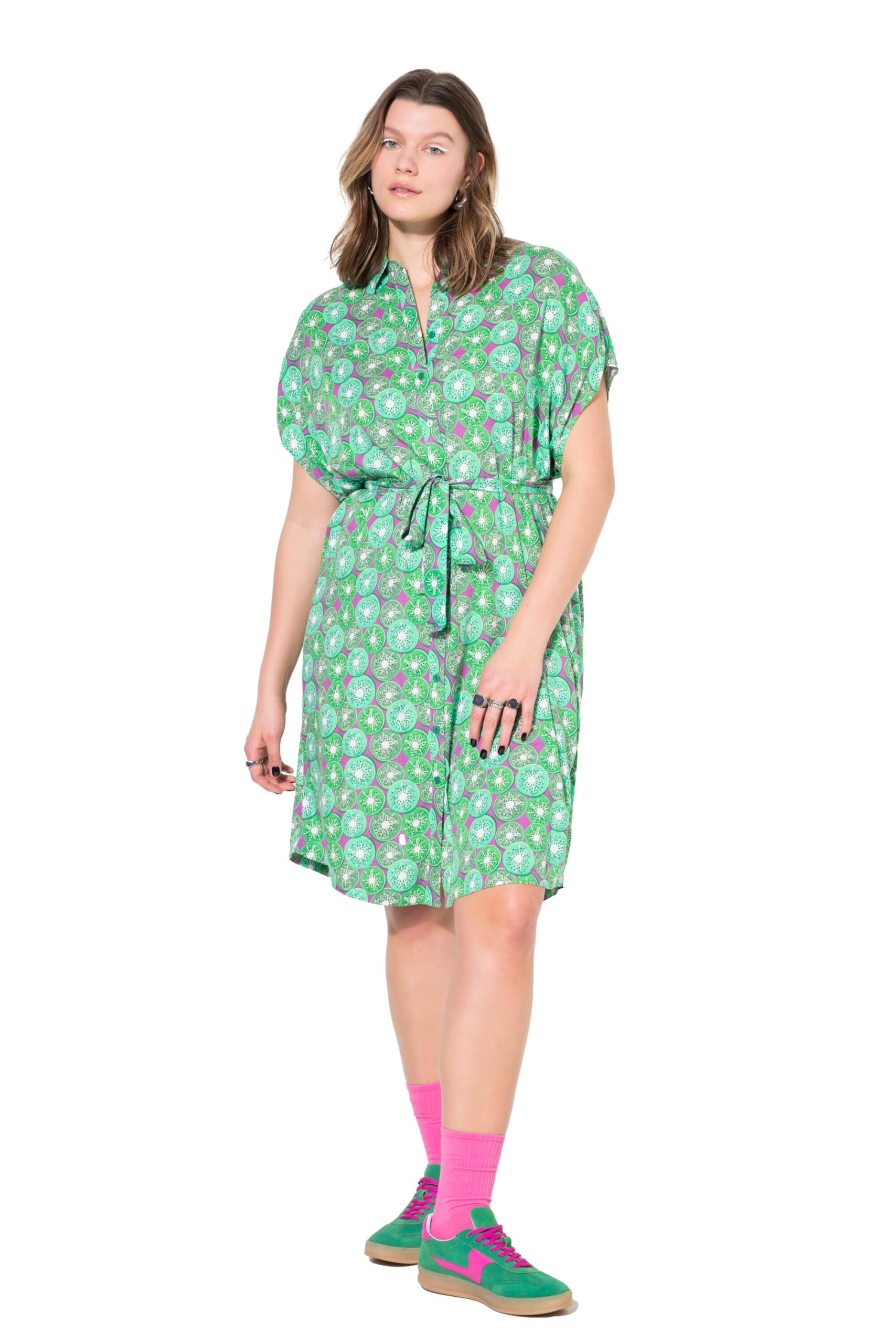 Studio Untold Damen große Größen Übergrößen Plus Size Hemdblusen-Midikleid, Fruits-Print, Bindegürtel 839748