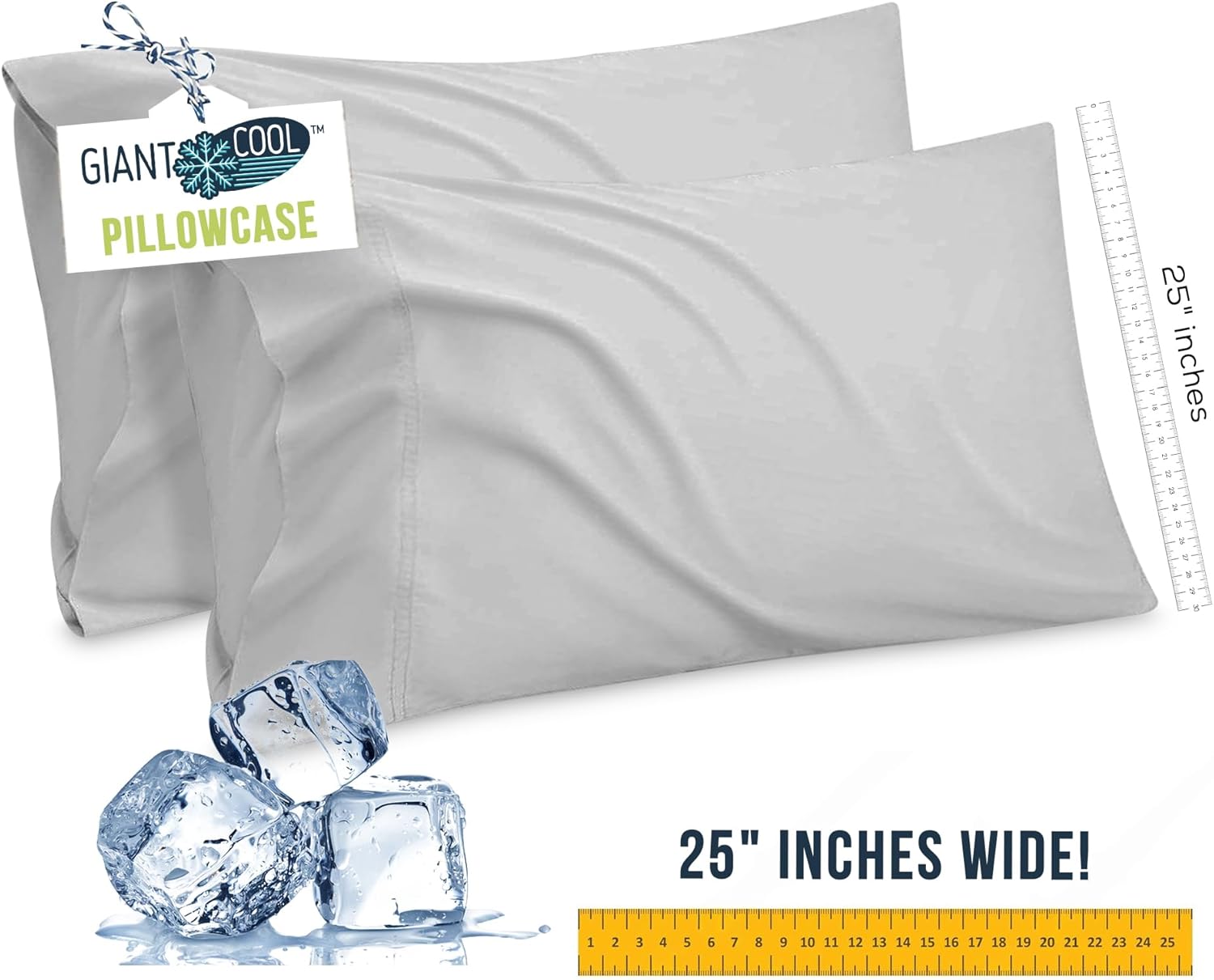 Giant Cool Oversize Extra Large Pillowcases with Cooling Tech Fabric. Extra Wide Cut 25" Inches Fits The Biggest Pillows. 300 TC Cooling Soft Fabric. 2-Pack Queen Gray
