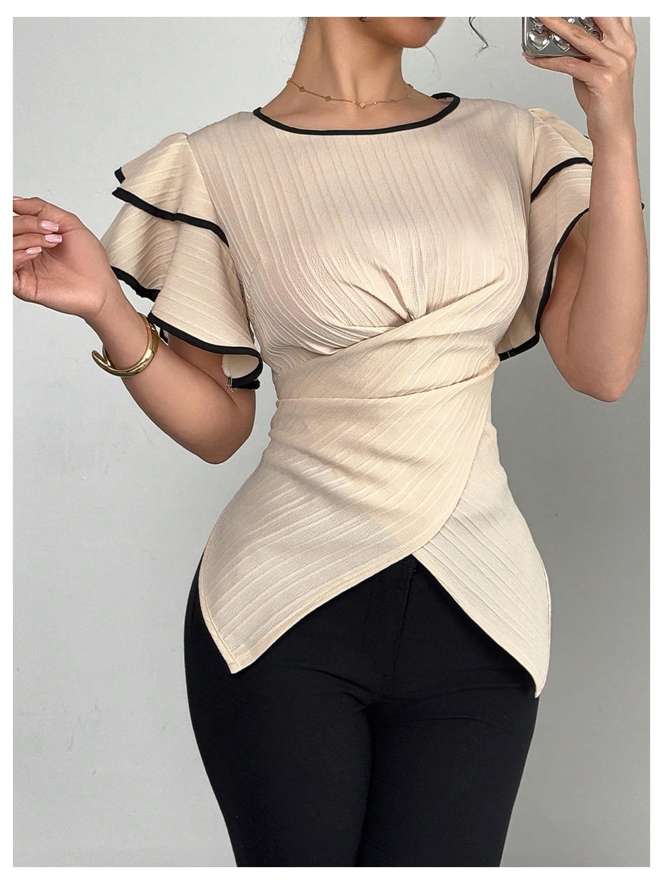 SOLY HUX Women's Summer Wrap Tie Back Blouse Ruffle Short Sleeve Crewneck Casual Going Out Tops