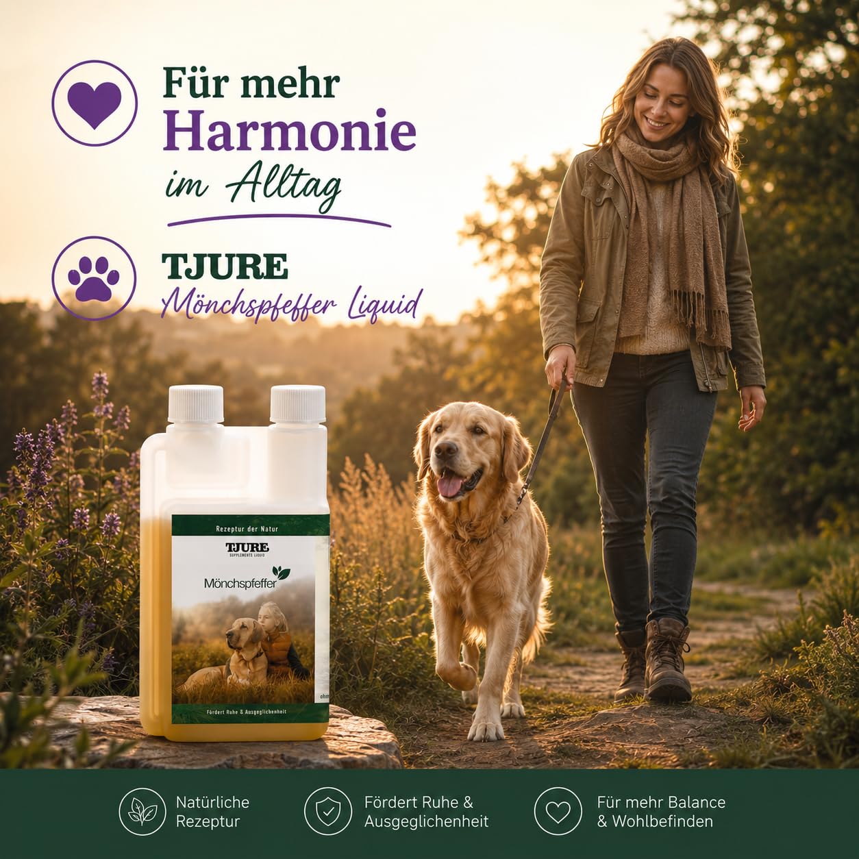 TJURE Mönchspfeffer Liquid für Hunde | 500 ml | Ergänzungsfuttermittel für Hunde mit Mönchspfeffer | Pflanzliche Rezeptur zur Unterstützung in besonderen Phasen | Made in Germany