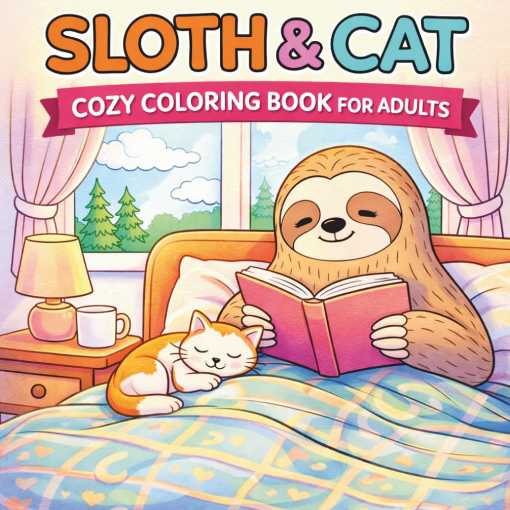 Sloth & Cat Cozy Coloring Book for Adults: Cute and Relaxing Pages for Stress Relief and Mindfulness | Easy and Simple Designs for Beginners