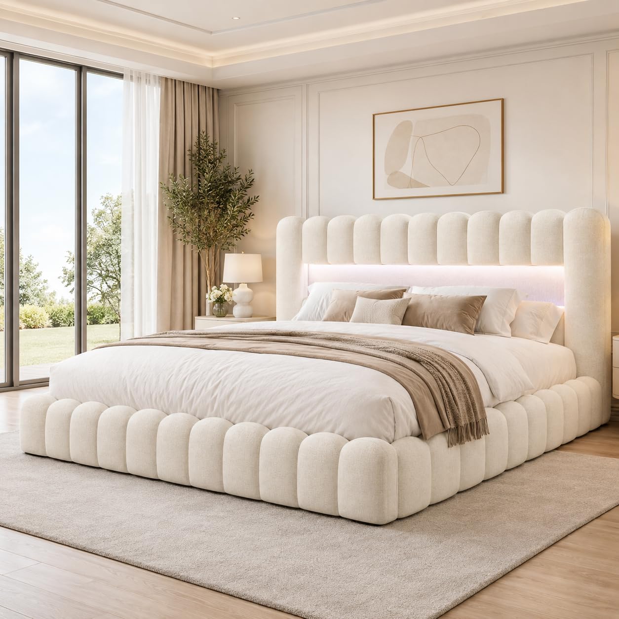 Cama tapizada 180x200 con Almacenamiento hidráulico, Cama Doble con LED y USB, Cama Juvenil con Cabecero Acolchado y Base de Láminas, Lino (Beige, 180 x 200cm