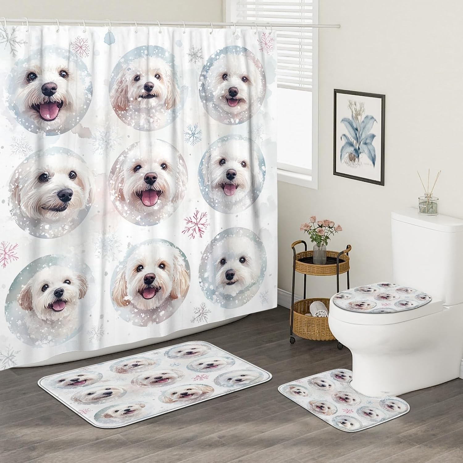 4PCS Merry Christmas Balls Pet Bathroom Sets, Bath with Non-Slip Rug, U Shape Toilet Lid Cover Mat, Fun Dog Happy Xmas Bathroom Decor-72''x72''