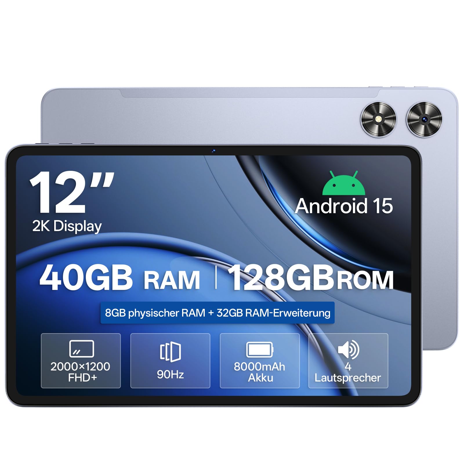SVITOO Tablet Android 12 Pulgadas, 40 GB RAM, 128 GB ROM, GPS Integrado | Tablet con Procesador Unisoc T7280 Octa-Core 2,2 GHz, 8 GB RAM Física, Gemini AI, IPS 2K 90 Hz, 8000 mAh, Carga PD 20 W