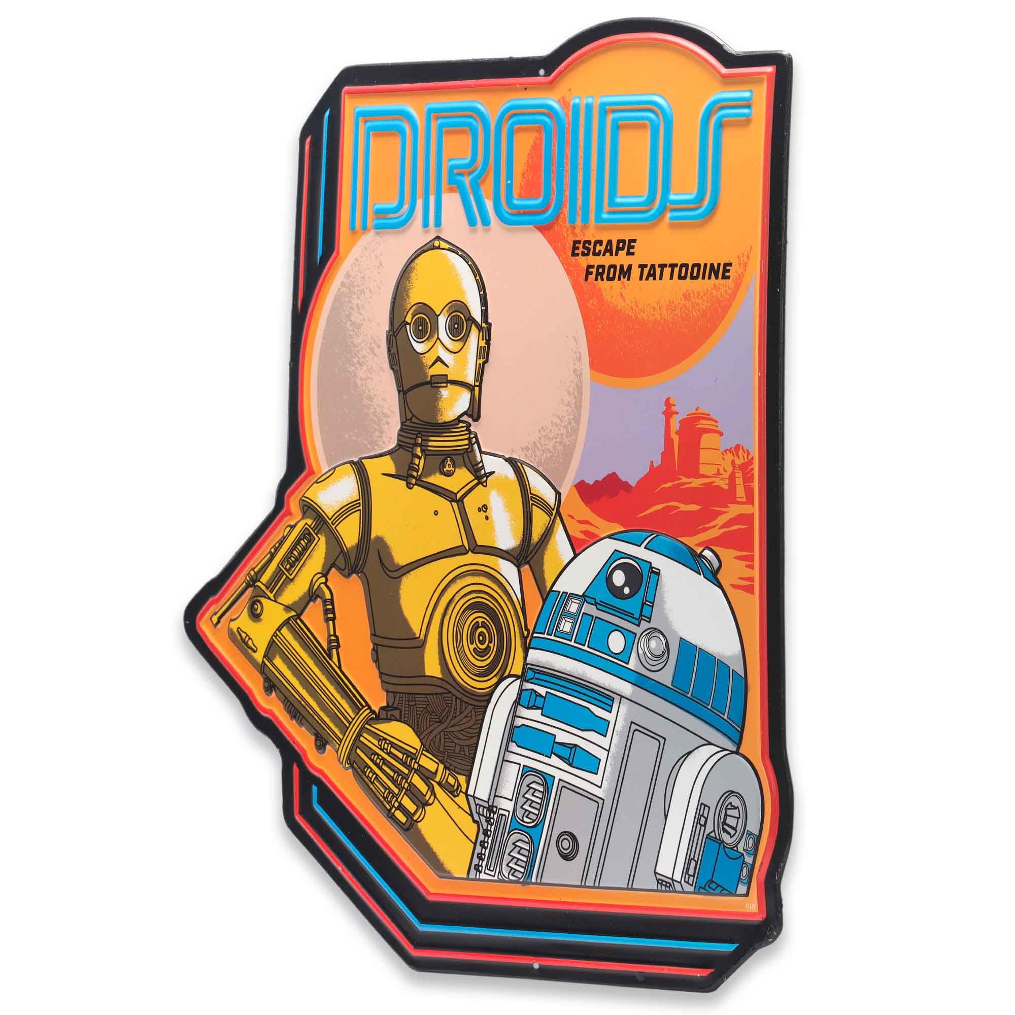 Cartel metálico en relieve Disney Star Wars de los droides escapando de Tatooine, retro, con R2-D2 y C-3PO para la pared del hogar.